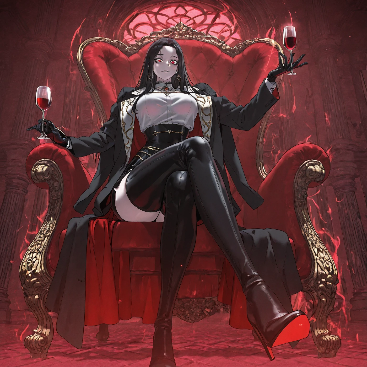 ((best quality)), ((highly detailed)), masterpiece, , (1girl), ( solo), (vampire), (pointed ears), (glowing) ice blue eyes:1, (white skin:1.3), (white hair:1.3), ð§ââï¸, open mouth, <lora:VampireFangs_v1.1:1>, fangs, small breasts, black and red gothic dress, sharp nails, (black and red gothic dress), sitting on a throne, <lora:I_am_the_king:1>, royalpresence, royalpresencedrink, holding drink, laced high heels, ((arrogant)), disdainful expression, (black_lipstick:1.3), inside a gothic castle, at night, stained glass, (inside, at a shopping mall)
