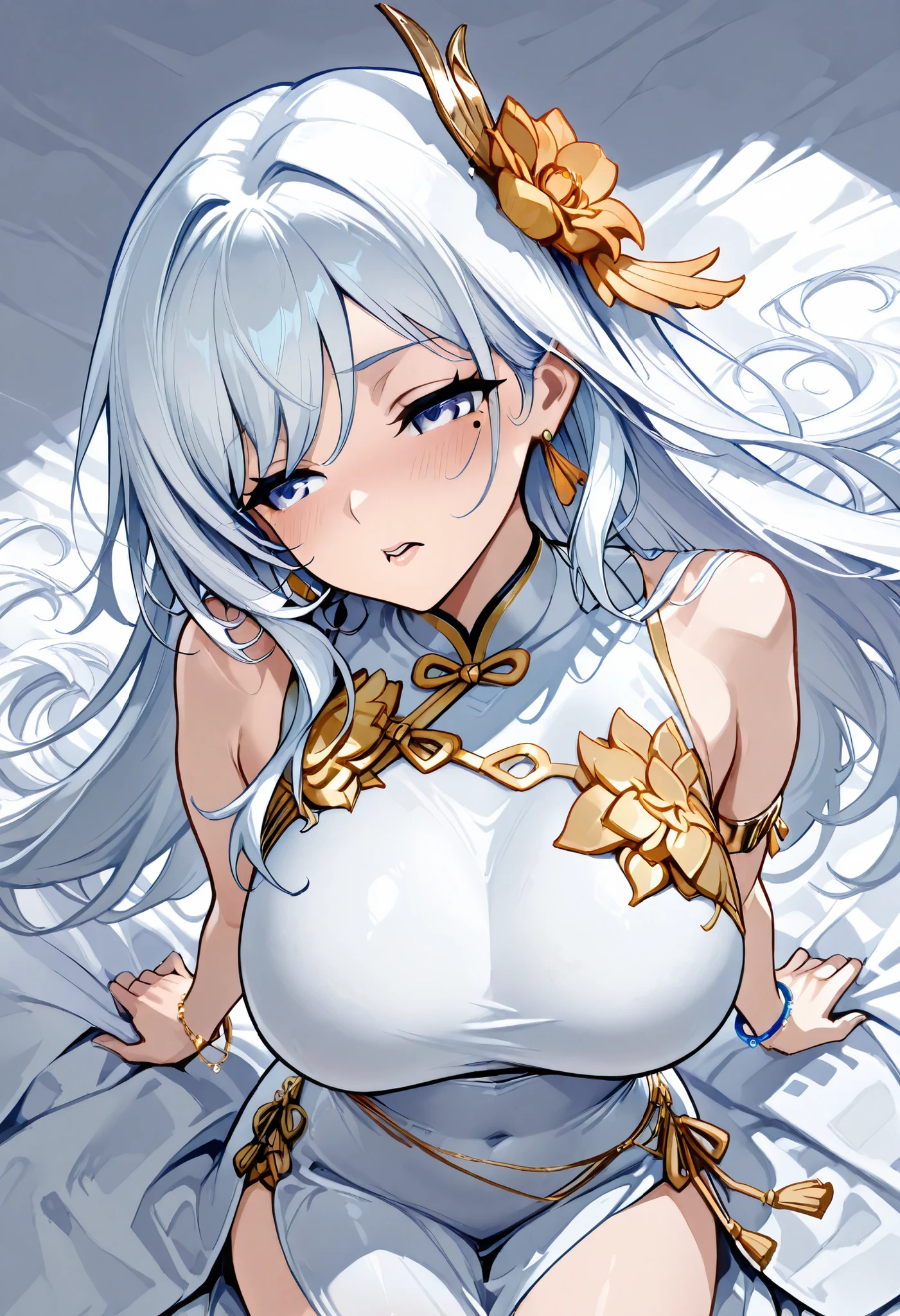 My jaw is greatly curved,Raise a panting voice,violently agitating half-closed eyes,Lover grabs her chest,Armlet on left arm,Handmade bracelet,sleeveless china ,anime girl,long white hair,and a flower in her hair,Anime Goddess,Zodiac knight portrait girl whose dress is wet and see-through, Haise Jinyao,Genshin Characters,Keking,  Full Body Senxia ,Pictures of Women with Long White Hair Bound at the Back,long white hairで,perfect girl,large breasts with good shape,thin waist,mole under eye,long gloves,earrings,no background,close your eyes,kind eyes,kind expression,Blush,is embarrassed,Open Lips,Very large bed,lies with her whole body stretched out on a white sheet,A woman lies down,,　correct　The hair bundled in the back is a braid, cowboy shot with a close cute face, Open your legs from side to side boldly