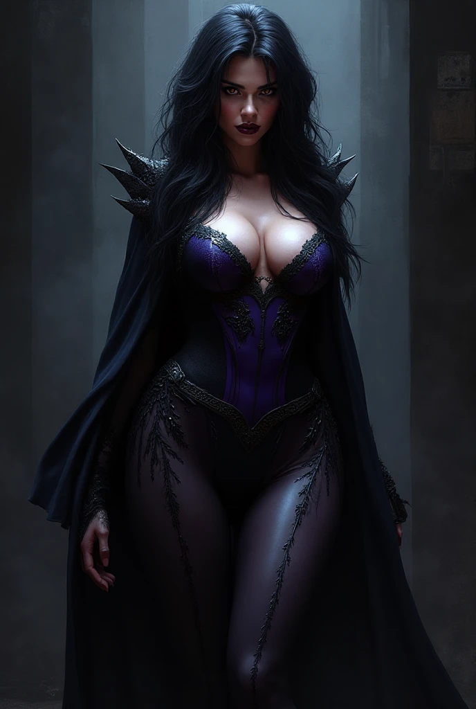 masterpiece, best quality, {{art by Bastien Lecouffe-Deharme}}, {{{{portrait}}}}, close up shot, upper body shot, eye level shot, {{{realism}}}, {{extremely realistic}}, {{photorealistic}}, fantasy, mature necromancer woman, {adult female}, milf, {{curvy}}, large breasts, {long black hair}, {{ glowing purple eyes}}, {{pale skin}}, wearing bone armor, aura of the dark magic, {dark gothic dungeon on the background}, extremely detailed, intricate details, intricate linework, high resolution illustration, firm anatomy, sharp focus, unreal engine, octane render, 8k, dramatic, volumetric lighting