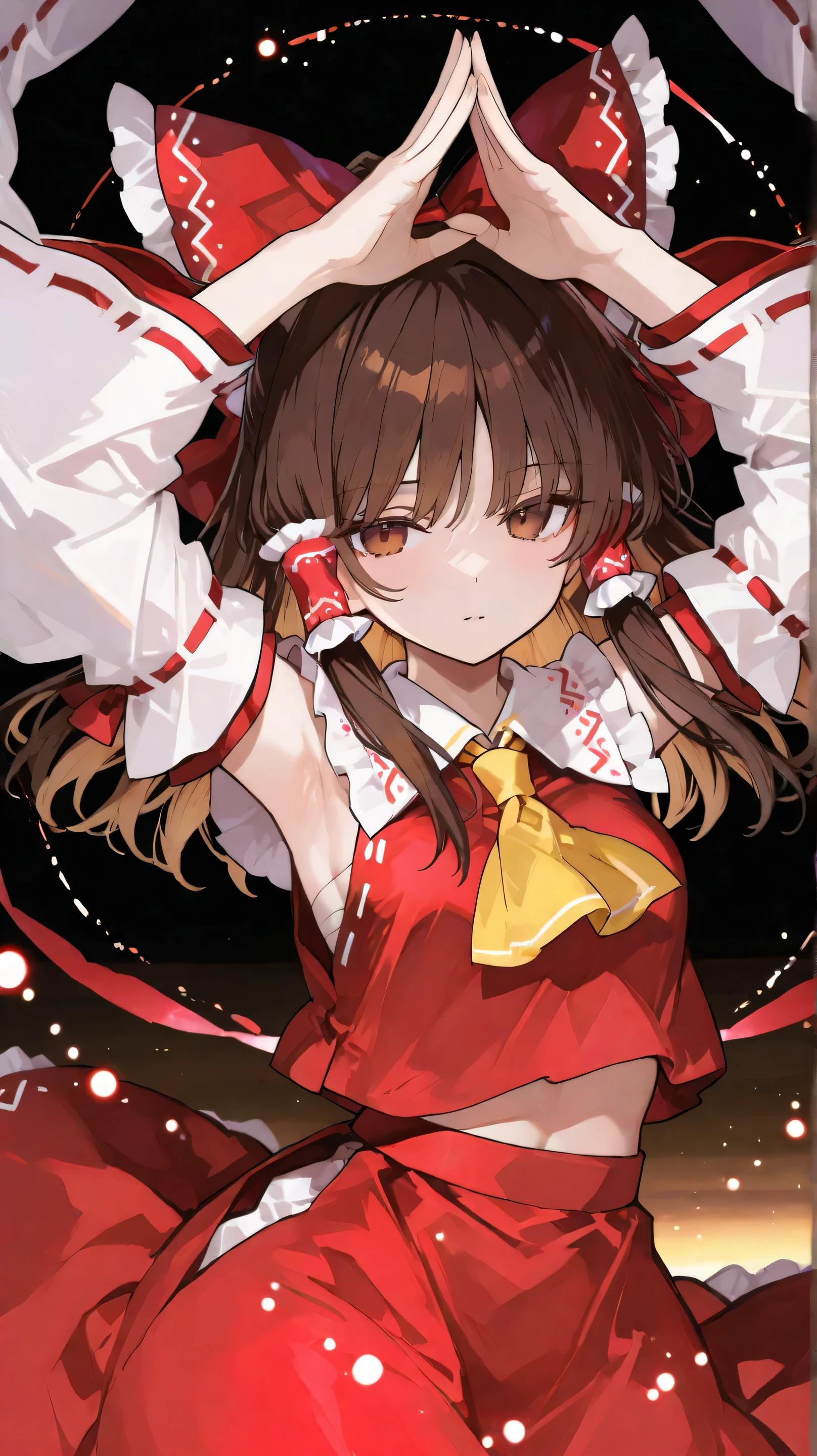 brown hair, brown eyes, yellow ascot, red shirt, red skirt, hair bow, detached sleeves, white sleeves,brown hair, brown eyes, yellow ascot, red shirt, red skirt, hair bow, detached sleeves, white sleeves,Touhou Project、博麗Reimu、Reimu、(floating in the sky、raises both hands above head),Red yin and yang mark shining above the head、Countless glowing particles、Moonlit Night、The yin and yang mark is shining red, hakurei reimu