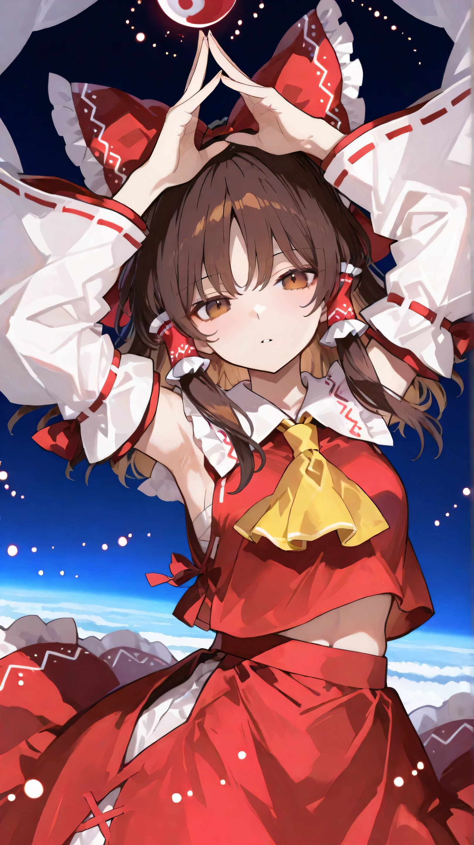 brown hair, brown eyes, yellow ascot, red shirt, red skirt, hair bow, detached sleeves, white sleeves,brown hair, brown eyes, yellow ascot, red shirt, red skirt, hair bow, detached sleeves, white sleeves,Touhou Project、博麗Reimu、Reimu、(floating in the sky、raises both hands above head),Red yin and yang mark shining above the head、Countless glowing particles、Moonlit Night、The yin and yang mark is shining red, hakurei reimu
