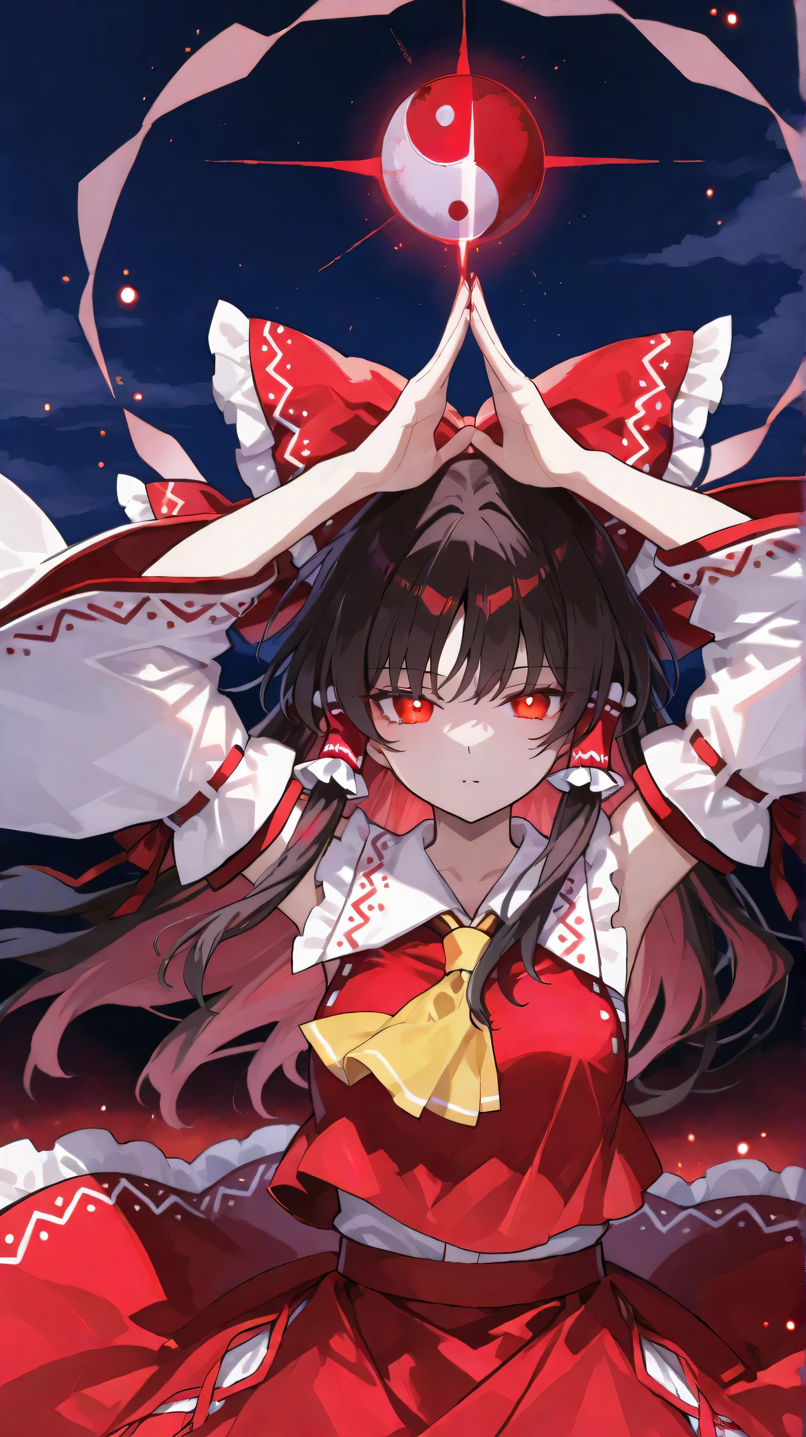 Touhou Project、博麗Reimu、Reimu、(floating in the sky、raises both hands above head),Red yin and yang mark shining above the head、Countless glowing particles、Moonlit Night、The yin and yang mark is shining red