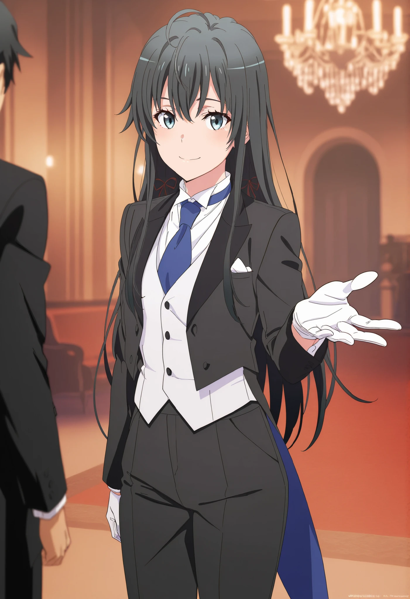 (masterpiece, best quality), amazing quality, very aesthetic, absurdres, highres, newest, HDR, 8K, high detail RAW color art, intricate details, high contrast, photo-referenced, detailed background, detailed background, beautiful detailed, , ,masterpiece, best quality, very detailed, , masterpiece, best quality, eyelashes, (Beautiful Eyes), cowboy shot, Official anime Illustration, Official artwork, screencap،Yukinoshita Yukino, 1girl, blue eyes, black hair, long hair, , tuxedo tailcoat, butler, blue necktie, black pants,white-skinned, hdr,UHD,8k, Best Quality, 巨作, A highly detailed, Ultra-high resolution panel, , cinematic lighting, slender, head tilted, aqua eyes, seducing smile, Straight Hair,tuxedo tailcoat, vest under tailcoat, hair, (Black hair), (human), (Tuxedo), Long trousers, black trousers, Butler, cool+, tie, white gloves, reaching twords viewer