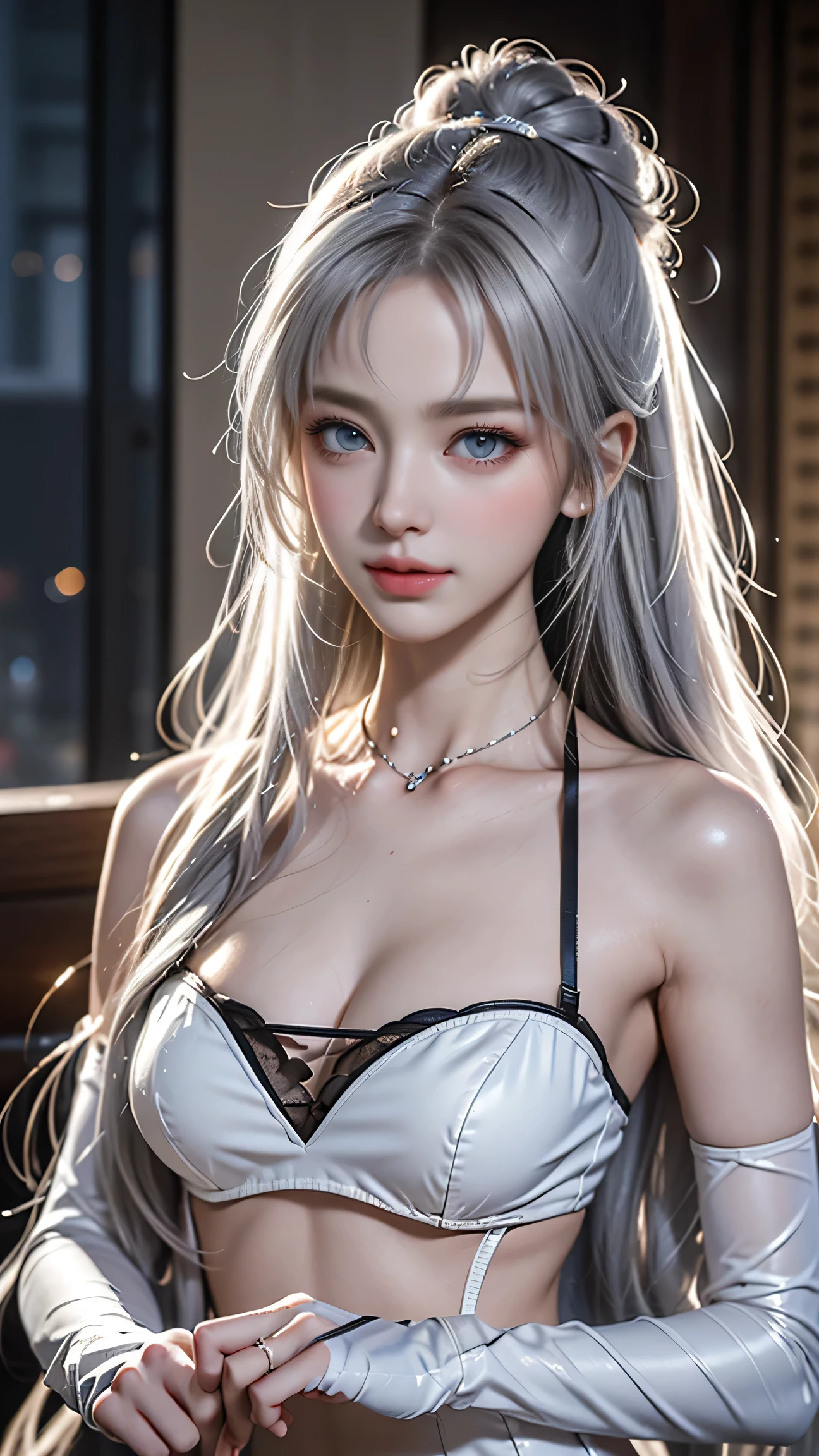 (Girl on all fours),(Rear view),(look back),Top quality work,Actual work,Ultra Premium Graphics,8K HD CG works,High quality graphics,High-definition CG works,10x pixels,Extremely fine detail:1.1,Advanced Technical Details:1.1 Photorealistic,Indoor lighting effects:1.5,Natural light:1.5. Light effects(virtual Light effects:1.8),長いSilver Hair,Silver Hair,Transparent Hair,Hair with attention to detail(Premium Hair Detail:1.1)Clear Eyes,Beautiful double eyelids,Sharp eye makeup, Delicate eyelash makeup, Thin eyebrows, Highly detailed eyes,High nose, Nice red lips, Rose Cheeks, A face with subtle makeup , Cute face, perfectly balanced face,(Advanced Face Detail:1.1),Girl in maid outfit、 Cosplay, Knee socks, High heels, See-through,,The moonlight pours down like water,Foggy Room,Like a fairy in a painting,Slim sexy legs,A beautiful face is beautiful and delicate,Like a finely carved piece of jade、The waves in my eyes are like twinkling stars,Show the light of patience and wisdom。The bridge of the nose is straight,Cherry lip color, her face is clear,Her skin is as white as jade,Gives a healthy glow,Her makeup is light and subtle.,Not too decorative,A light-toned foundation enhances the clarity of your skin.,Eye makeup: eyeshadow and eyeliner,Make her eyes brighter and more cheerful、Add a touch of glamour and sophistication,Wear white to beat the snow,Clothes fluttering,It's about to be blown away by the wind,Drifting Away。Beautifully embroidered patterns on clothing,Without losing grace,Showing off incredible skills。Wear a wide belt around your waist,A transparent jade pendant hangs from it.,Swaying with her movements。Her hair is casually tied back,Fix with hosta,A few strands of hair are swaying gently in the wind,Add a little softness、Charmed everyone'Note、Grace、mystery、full of power。