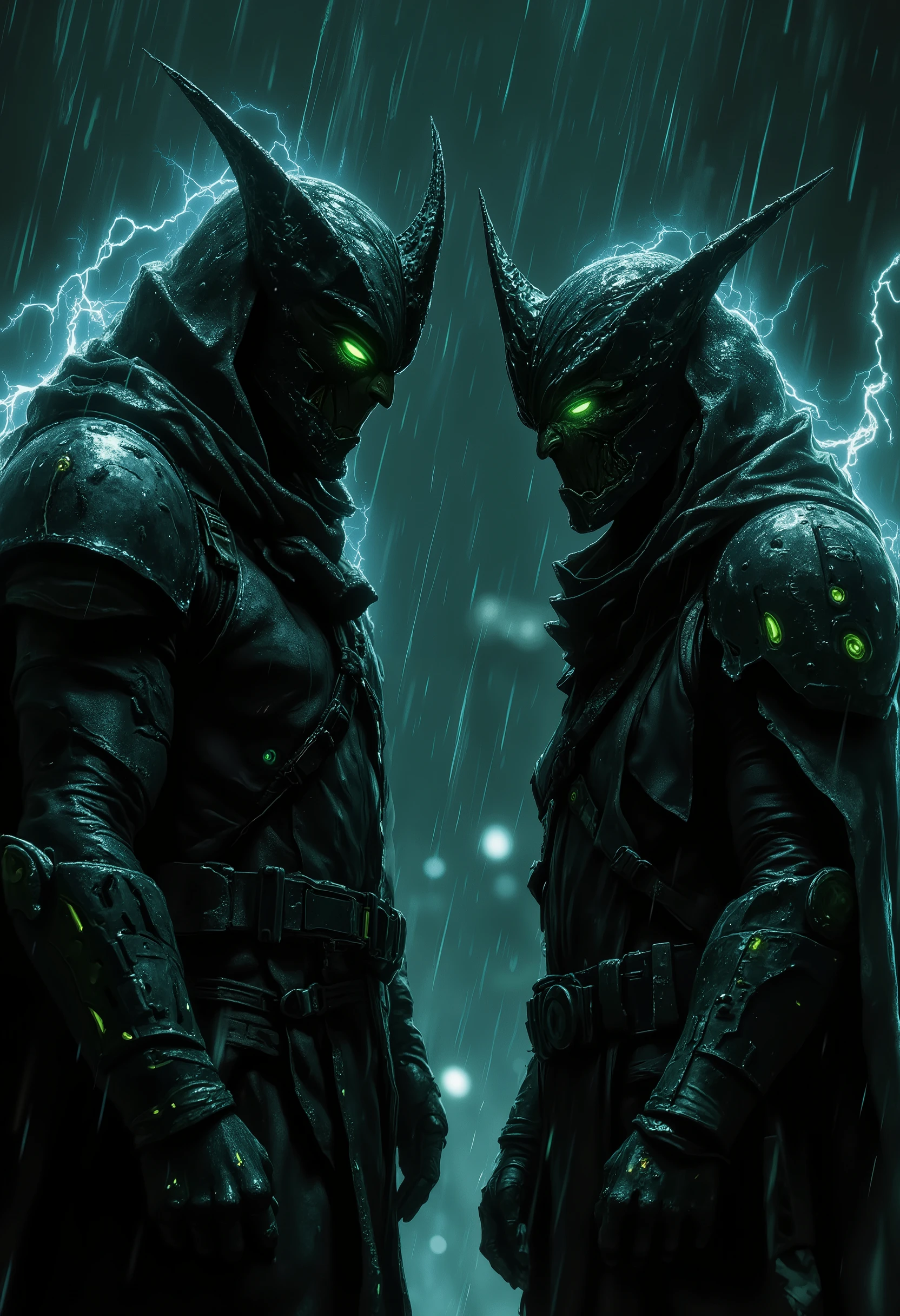 In a dark urban night environment, under heavy torrential rain, illuminated by dim flickering lights, two menacing figures met, radiating a formidable presence. They are talking in raised tones, not paying attention to the heavy rain. The characters are dressed in sleek dark cloaks and sophisticated high-tech armor decorated with bright green inserts, angular helmets with glowing eyes and sharp protrusions create an impression of strength and intimidation. Electrical energy arcs around the armor, enhancing the otherworldly aura and tense atmosphere surrounding it. The detailed composition highlights the dramatic contrast between the figure and the gloomy rainy subdued background, dotted with soft circles of light, which hints at a gloomy dystopian setting. This striking visual plot captures an atmosphere of alertness and readiness, suggesting an impending confrontation in a world full of dangers.