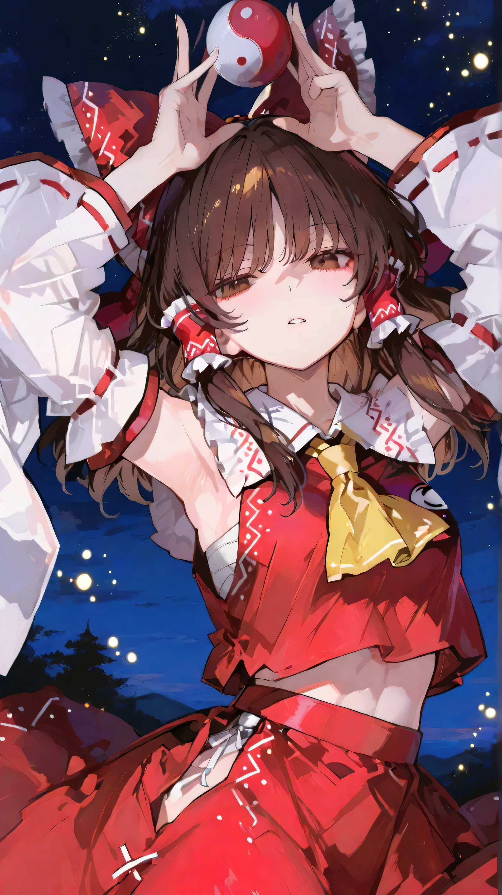 brown hair, brown eyes, yellow ascot, red shirt, red skirt, hair bow, detached sleeves, white sleeves,Touhou Project、博麗Reimu、Reimu、(floating in the sky、raises both hands above head),Red yin and yang mark shining above the head、Countless glowing particles、Moonlit Night、The yin and yang mark is shining red, hakurei reimu, 748cmstyle,