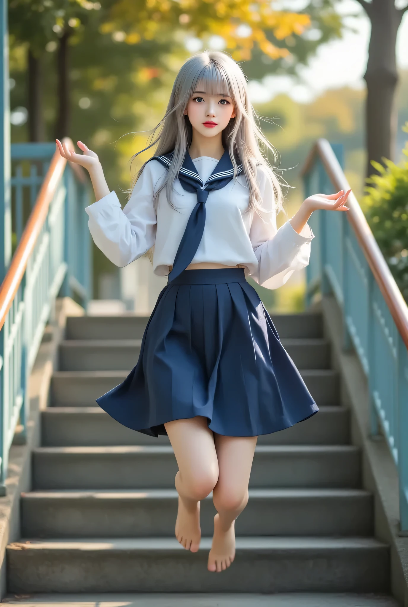((Representative works:1.4),(Highest Quality:1.4),(live-action:1.7))((her body floats up))、((high school girl floating off the stairs of the school building))、(Sailor suit )、Always be wary of enemies、stand in concentration、((she floats up))、 (Japanese high school uniform and designated shoes)、(check skirt:1.5)、(Wet White Student Shirt) (chest coordination)、(loose tie:1.2)、(Black leather loafers)、(Beautiful Sun:1.3)、(The perfect pro、Pretty Girl Portrait、natural skin with texture、(perfect body:1.Pretty Girl Portrait、full body shot with Mahiru、(table:1.4))、(Highest Quality:1.4、close-up photo、(Full body photo)、soft front light floating all over、 beautiful expression 、cute face、beautiful breasts、Nice ass、Details、Clear Eyes、beautiful woman、beautiful eyes、thin waist、RAW images、red lips、((grey hair、long hair at Boro-Yado))、((underbust))、(sexy behavior))、(Fluttering Skirt)、(full body shot with elegant silhouette)、(long legs)、((side))、((raises her arms))、(sleeveless)sleeveless、(upper armを上げる)、upper arm、raises her arms、((underbust))、