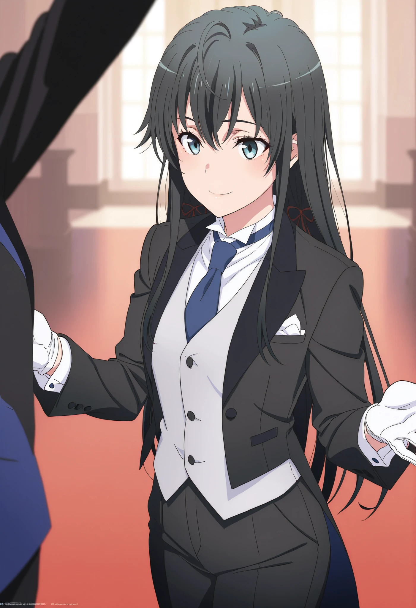 (masterpiece, best quality), amazing quality, very aesthetic, absurdres, highres, newest, HDR, 8K, high detail RAW color art, intricate details, high contrast, photo-referenced, detailed background, detailed background, beautiful detailed, , ,masterpiece, best quality, very detailed, , masterpiece, best quality, eyelashes, (Beautiful Eyes), cowboy shot, Official anime Illustration, Official artwork, screencap،Yukinoshita Yukino, 1girl, blue eyes, black hair, long hair, , tuxedo tailcoat, butler, blue necktie, black pants,white-skinned, hdr,UHD,8k, Best Quality, 巨作, A highly detailed, Ultra-high resolution panel, , cinematic lighting, slender, head tilted, aqua eyes, seducing smile, Straight Hair,tuxedo tailcoat, vest under tailcoat, hair, (Black hair), (human), (Tuxedo), Long trousers, black trousers, Butler, cool+, tie, white gloves, reaching twords viewer