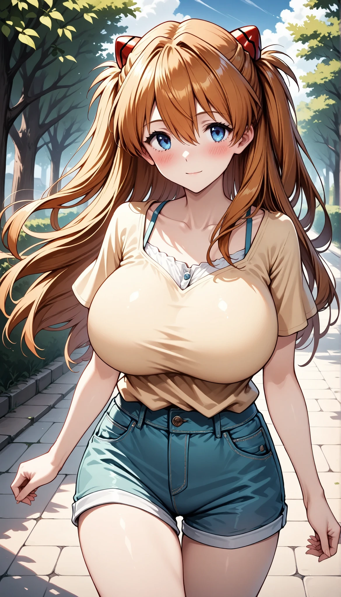 A Cute Girl, Lush Long Brown Hair, Beautiful Blue Eyes, Broad Hips, (Very Large Breasts), (has a slim, but still very curvy figure), (Black Crop-Top), (Torn Jeans), in the forest,