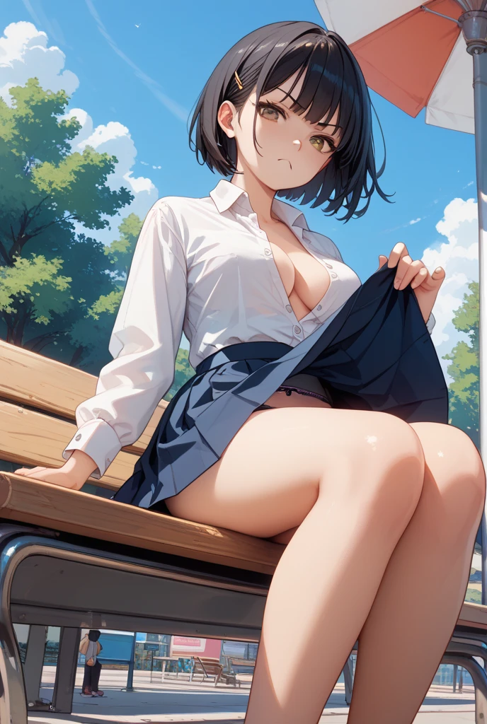 very beautiful Japanese woman, 18 years old, 1girl, Japanese school uniform, (wet white panty), red bowtie, (sitting on a bench), plaid skirt, pleated skirt, opening legs, black short hair, whole body, very embarrassing panic face, detailed, 8k, natural light, professional lighting, masterpiece, top quality illustration, high resolution, rising knees, (milk is dripping from the crotch), outdoor,