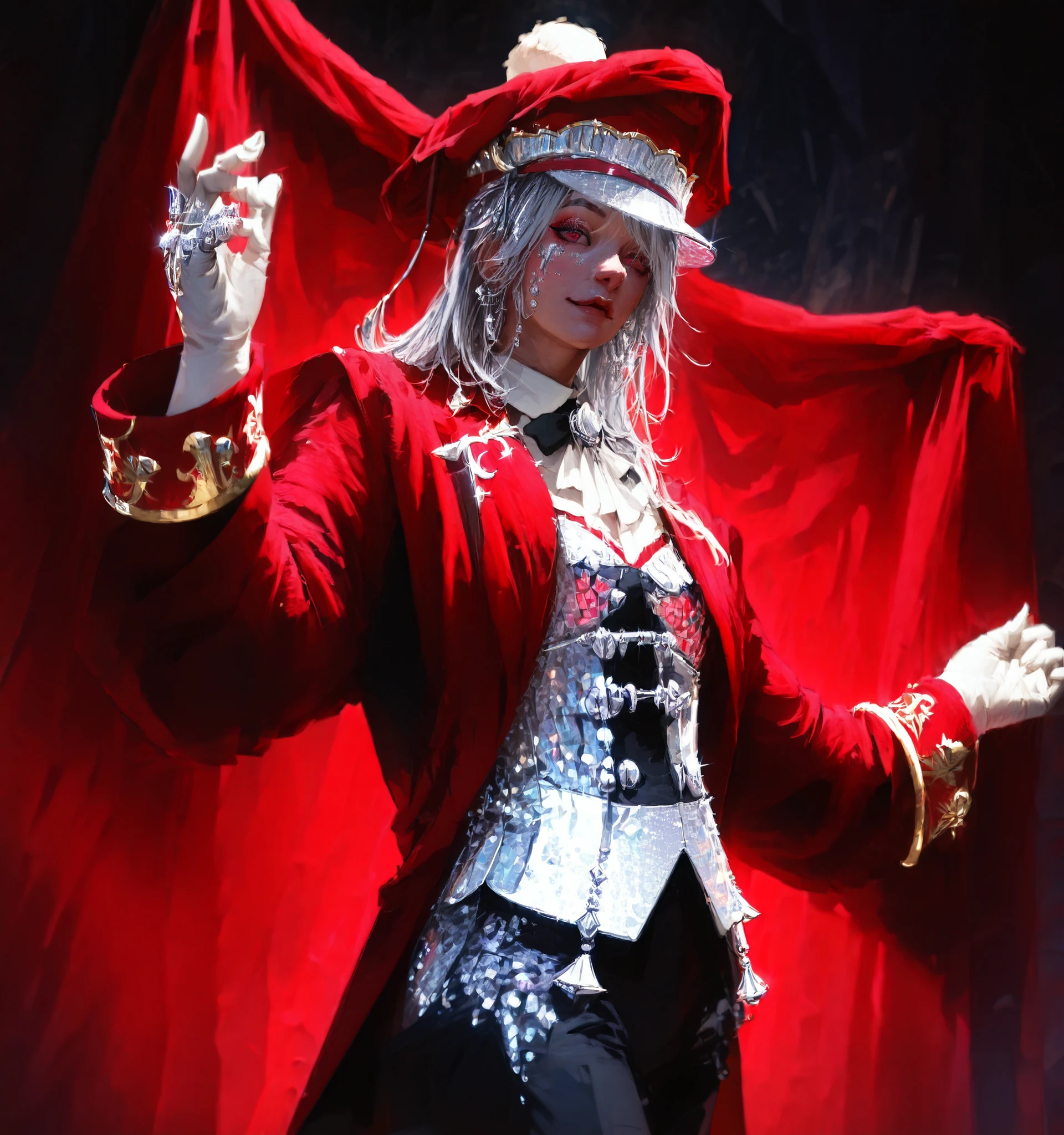 ultra-detail, Top quality, photorealistic, circus arena, clowns in colorful costumes, jugglers with burning torches, trained tigers, elegant tamer in a tailcoat, silver glitter, red velvet curtain, magical circus atmosphere