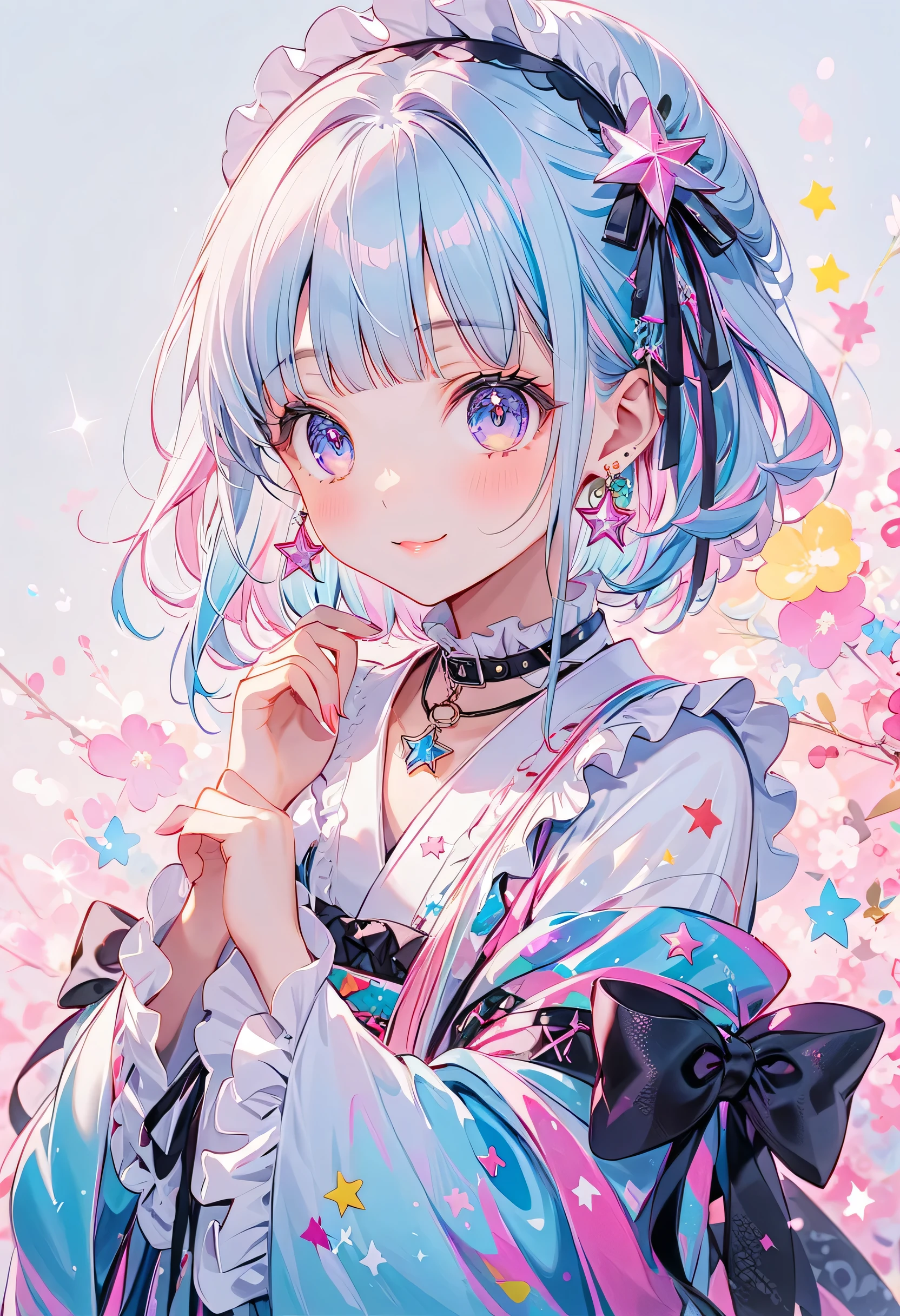 (白のフリルにシアンneonカラーの星のチャームがついている)、cute , (big eyes), best details , cute face, Playful eyes, Beautiful appearance,,through bangs, (Small Silk Hats)、((shiny milky white and light blue two-tone hair color)) , (((short straight bangs )))、((light blue hair)),(( earrings,水色の earrings)),beautiful attention to detail,((Gentle pink and gentle blue color schemes)), ((Ruffles on the collar )), ((Please wear a colorful and cute gothic Lolita kimono costume)), ((shoulder out)),(Long sleeves)、(Sleeves spread long)、(Ruffles on the cuffs)、 (( Star Fairy、半透明のcute小さな妖精の羽が腰から生えている)), ((Put on a colorful and cute Gothic kimono)), smile with eyes closed while walking、and my mouth is closed、 The cutest girl in the world, star background, best details , neon, sparkle,