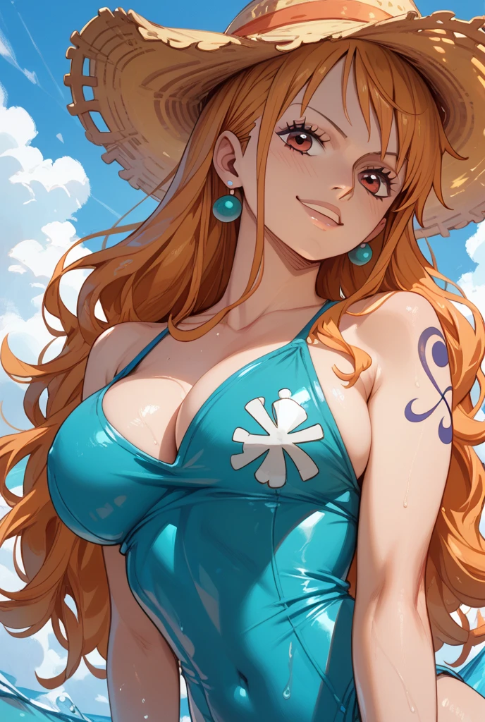 a cartoon picture of a woman in a bikini posing for a picture, nami one piece, nami from one piece, beautiful portrait of nami, nami, from one piece, one piece, advanced digital anime art ”, digital anime art!!, oppai, [ 4 k digital art ]!!, seductive anime girl, big breasts!, big breasts!!, nsfw, Braids, glasses, on bed, shiny skin, looking upwards, smile, glasses, thick,