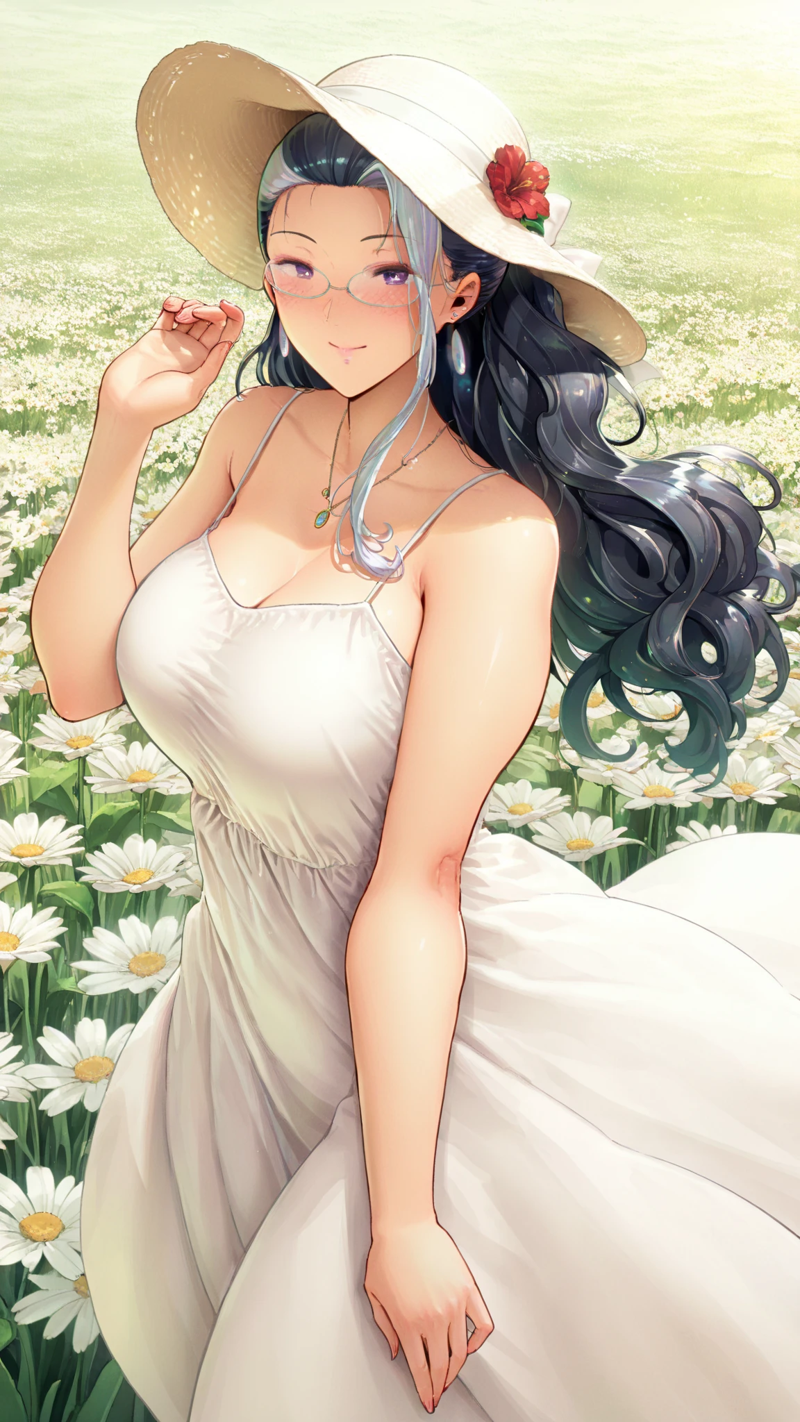 sysdeep_mai, 1girl, solo, long_hair, blue_eyes, black_hair, (white_summer_dress:1.2), outdoor, flower_field, sitting_on_ground, medium_breasts, cleavage