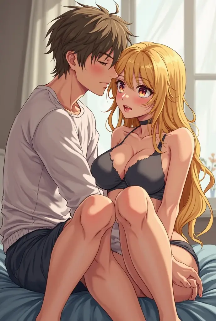 Blonde anime girl with big ass, sitting naked on a guy&#39;s face lying down