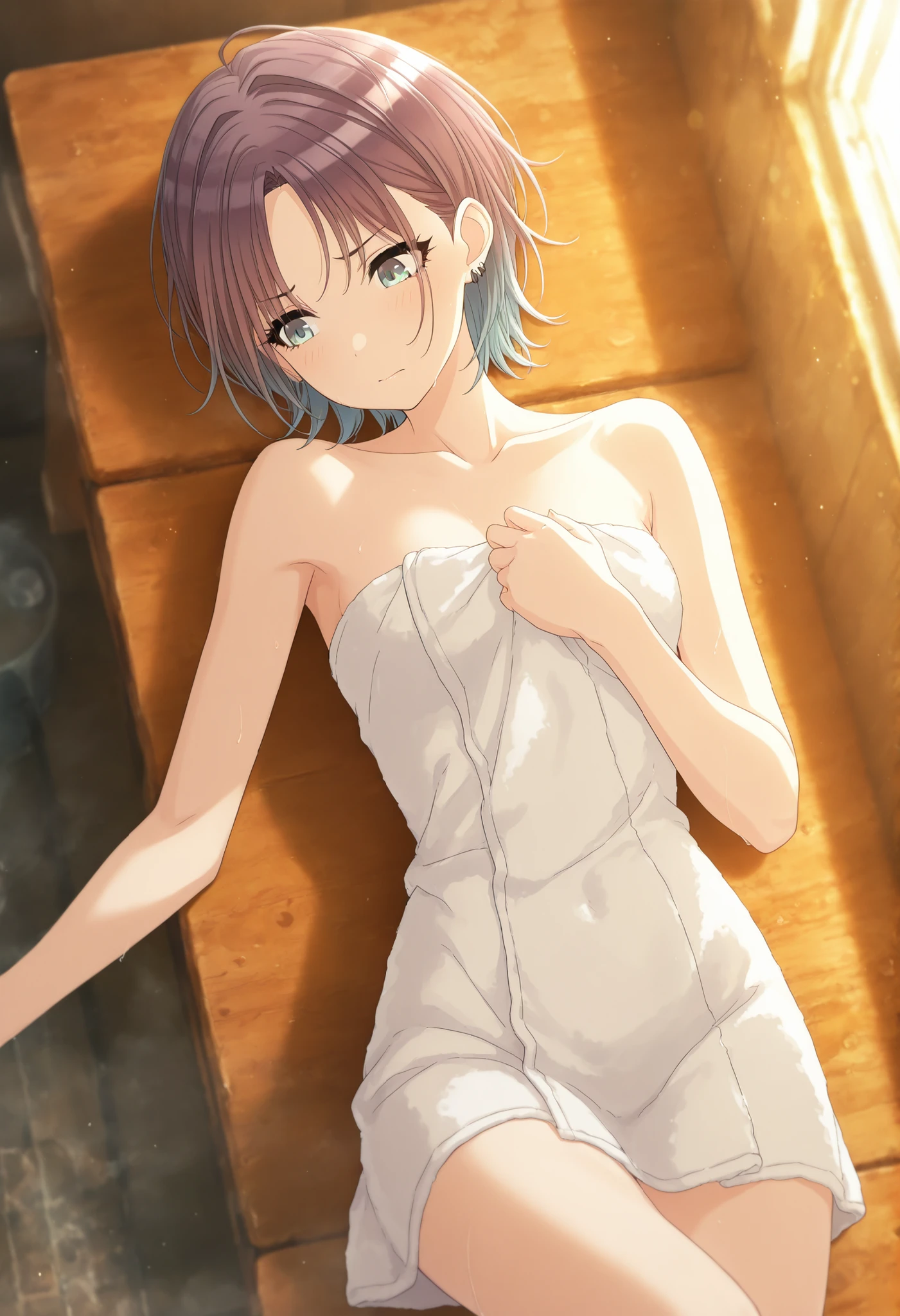  masterpiece,best quality, good quality, from above ,,indoors,((cinematic light)) shanimas,  source_anime,asakura toru, short hair, brown hair, blue hair, blue eyes, parted bangs, 1girl, solo, looking down , ahoge, earrings, ( towel), , ((frustrated)) , small , (slim arms), , from above, (on back), head tilt, light embarrassed,                                                                                                                                                       