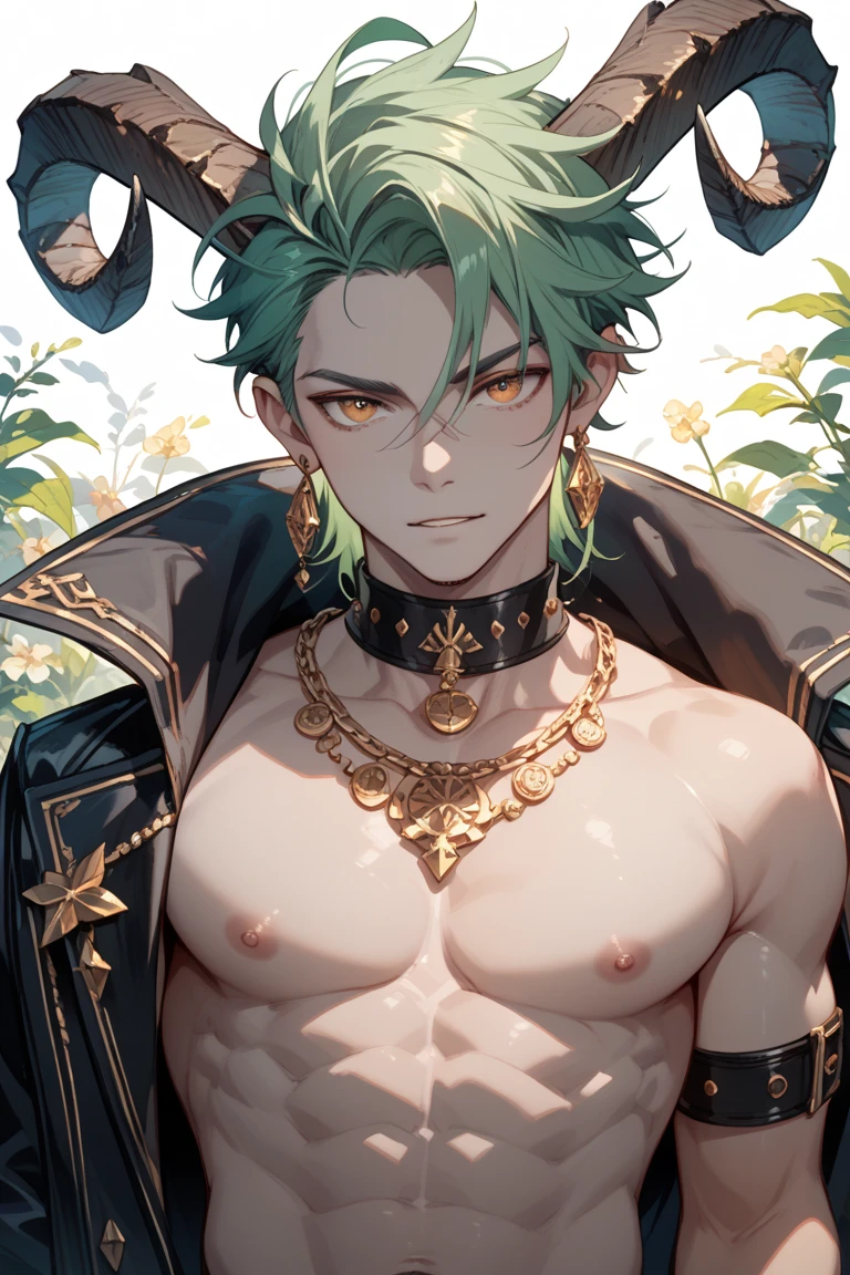 absurdres, highres, ultra detailed, HDR, master piece, best quality, Olivine, light-green hair, expressive blue eyes, Nu Carnival, solo, sexy man, handsome, horny, lewd, demon, horns, black leather clothes, red cape, accessories, showing the chest, red sky, red moon, red trees, red spider lilies, fantasy, dark magic, magical