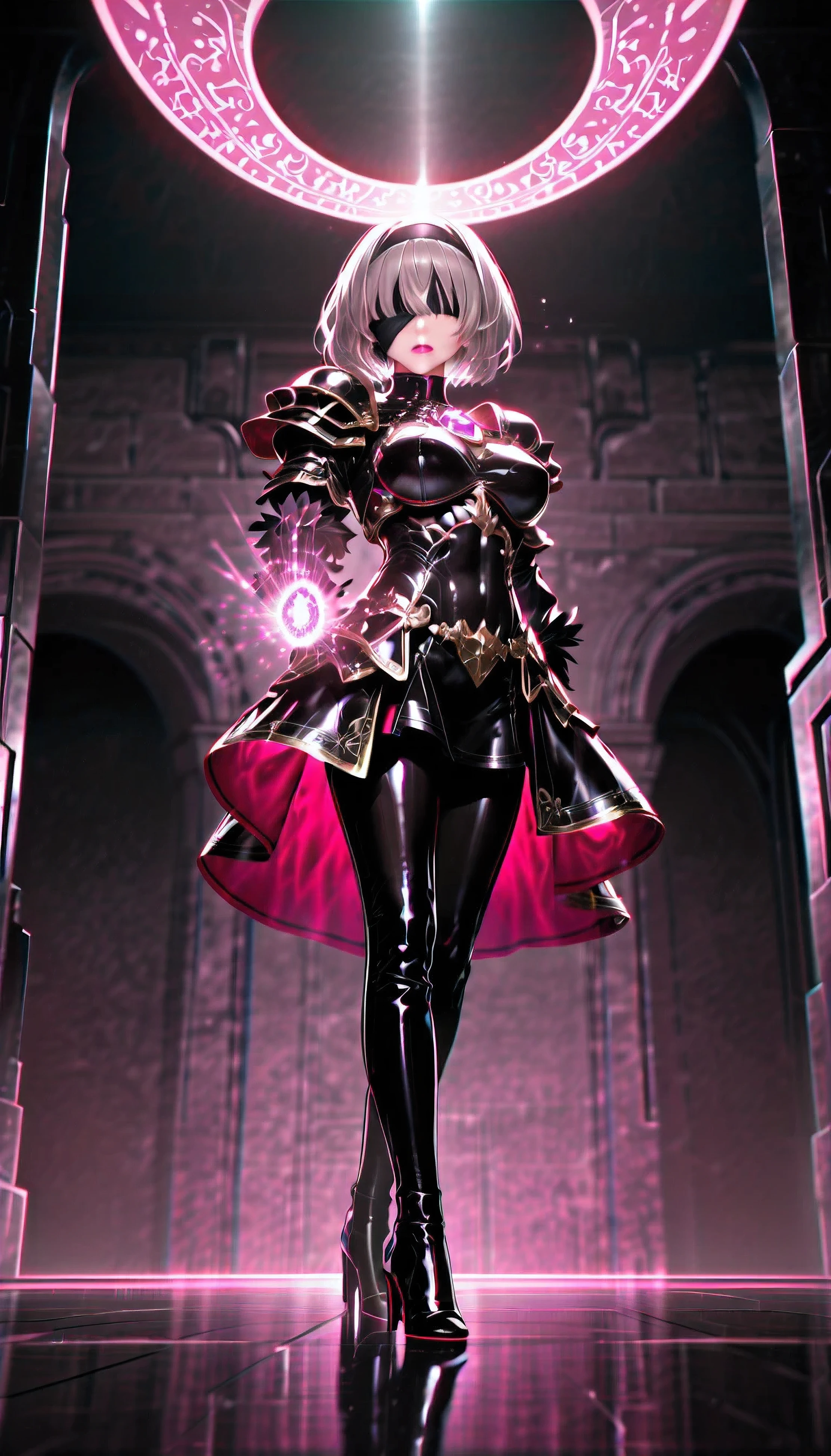 ( one girl, Alone, Alone), (Detailed depiction of Yorha's .2 Type B, 2b, one girl, Alone, short hair, gray hair, hair band, blind fold above gemst, Cover your eyes , black blind fold above gemst), ((Alone, ( 1 Woman , pink lipstick in it ), very detailed , Soft Indirect Lighting , 4K, perfect eyes, perfect face, perfect lighting, first girl )), (( fitness , , nice looking body , big and firm bouncing bust )) , ((armor, black skirt, black swimsuit, , gold detail, gem, diamond, emerald, sapphire, Ruby, amethyst, high heels, More silver , angel, angelic, Magi , , Casting a Spell, well-shaped abdomen , Muscular Abs))