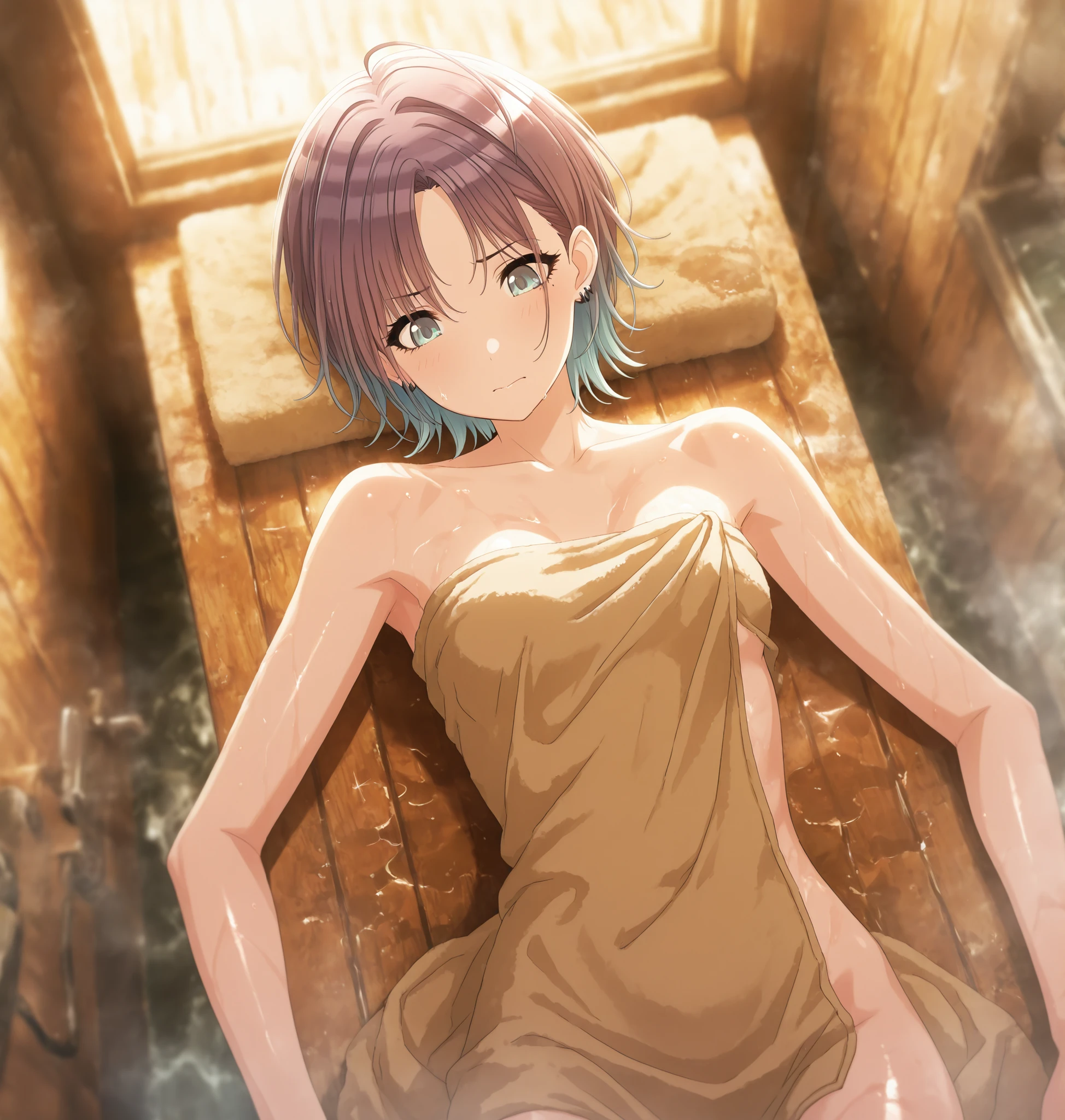 masterpiece,best quality, good quality, from above ,,indoors,((cinematic light)) shanimas, source_anime,asakura toru, short hair, brown hair, blue hair, blue eyes, parted bangs, 1girl, solo, looking down , ahoge, earrings, ( towel, brown towel), , ((frustrated)) , small , (slim arms), , from above, (on back, ), steam ,head tilt, light embarrassed, oiled skin, shiny skin,