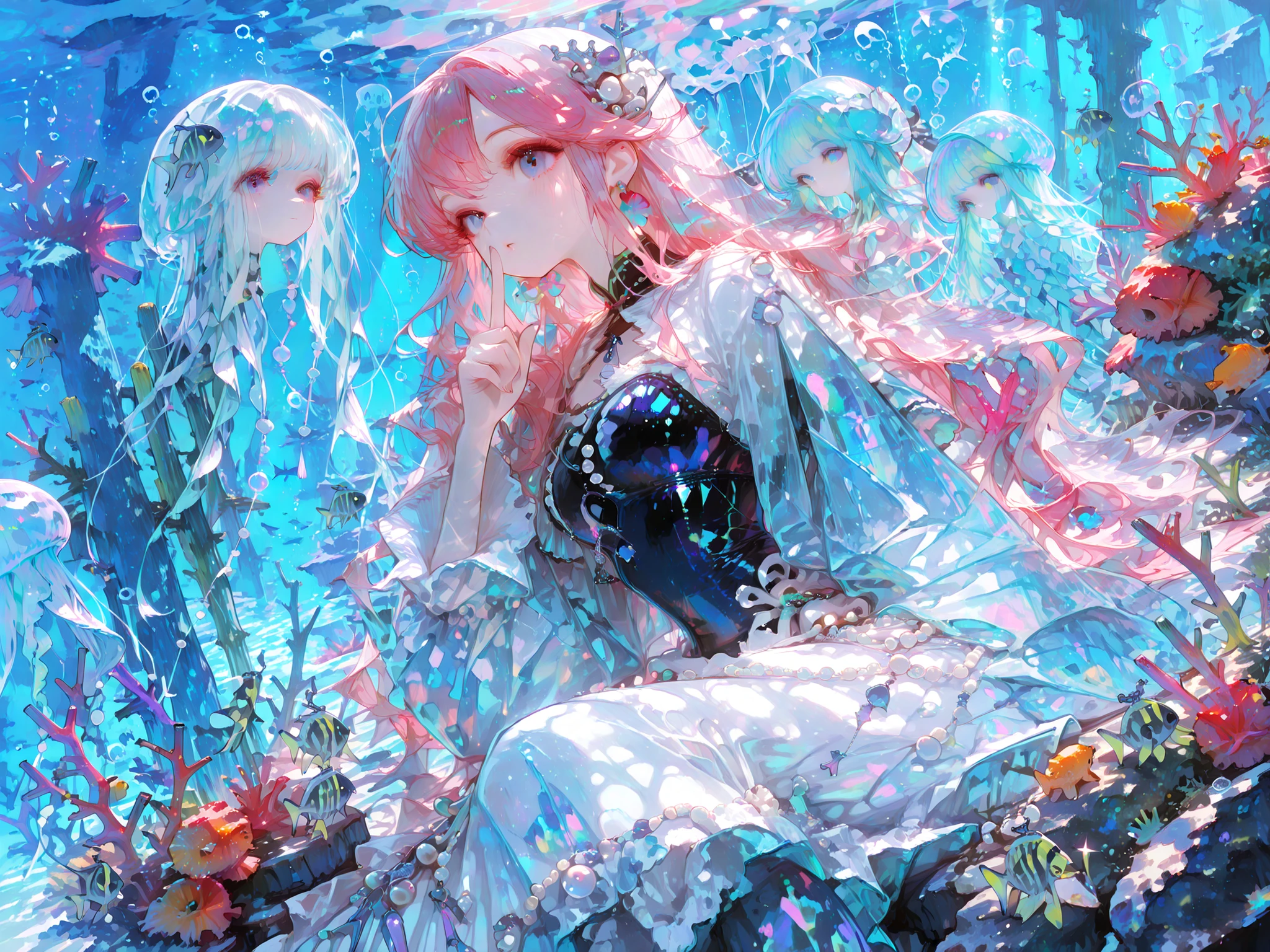 Best Quality, masterpiece, 8K resolution , beautiful little mermaid, Iridescent scales, long wavy hair, pearl decoration , A mysterious palace in the deep ocean, A group of fluorescent jellyfish, Coral Reef Garden, Shining plankton, Magical blue, Floating bubbles, Brilliant tropical fish, widescreen to wear the index finger, A fantastic underwater world