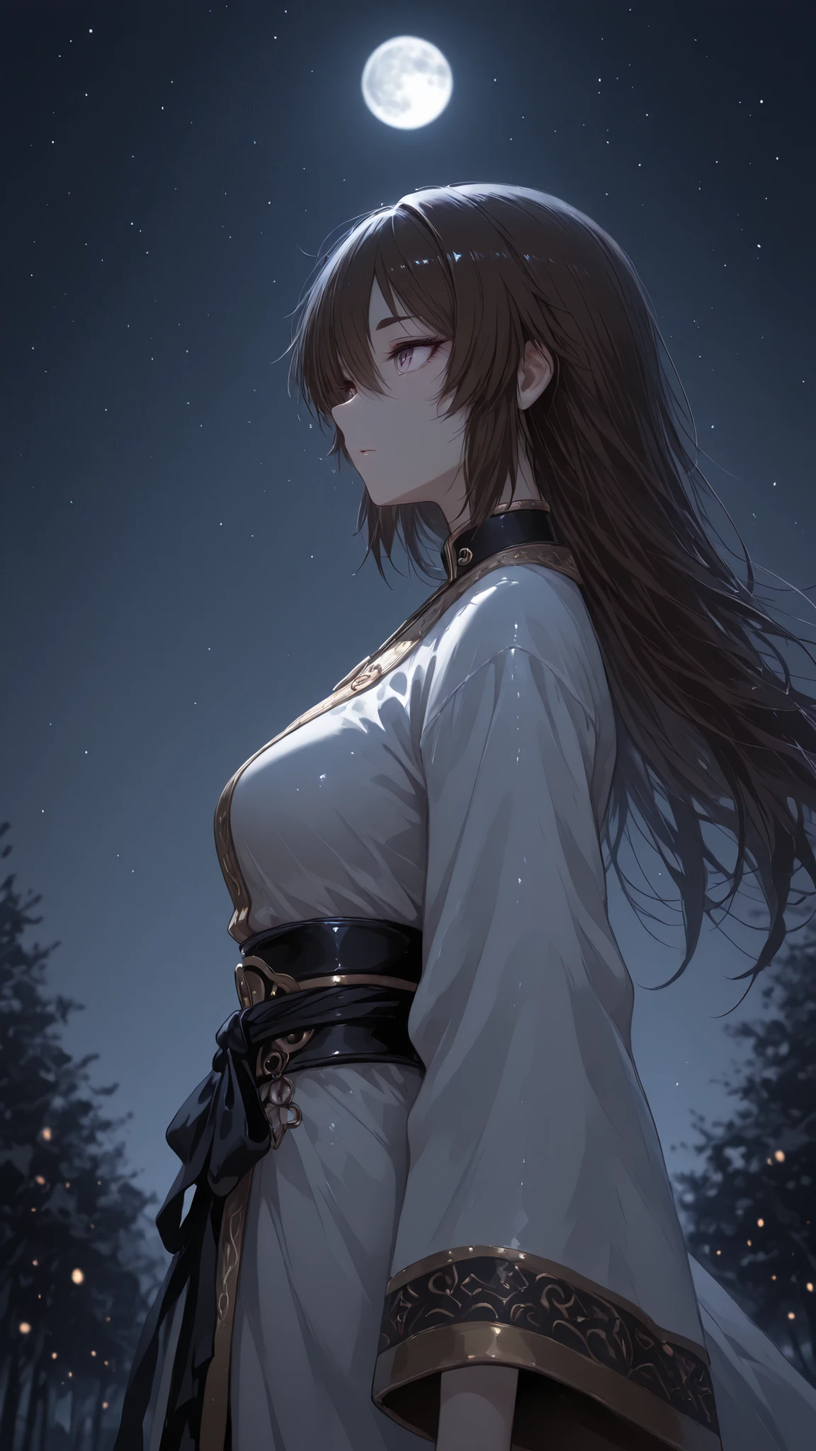 masterpiece, highest quality, Ultra High Quality, 40k, Beautiful and delicate girl, one girl, blown hair, long hair, blown eyes, thick eyebrows, small breasts, (detailed face), hawk inspired Ainu outfit with intricate blown and gold detailing, BREAK. ((pray)), side view, sharp focus, shallow depth of field, refreshing atmosphere background, beautiful natural lighting, gentle breeze, mist, moon, ((mid night atmosphere)), Many stars, late at night, 23:00, perspective, (detailed lighting), ((dark lighting)), rim lighting, ((sharp focus)), BREAK. bon fire, camp background, clear sky. creating a dramatic yet serene atmosphere.