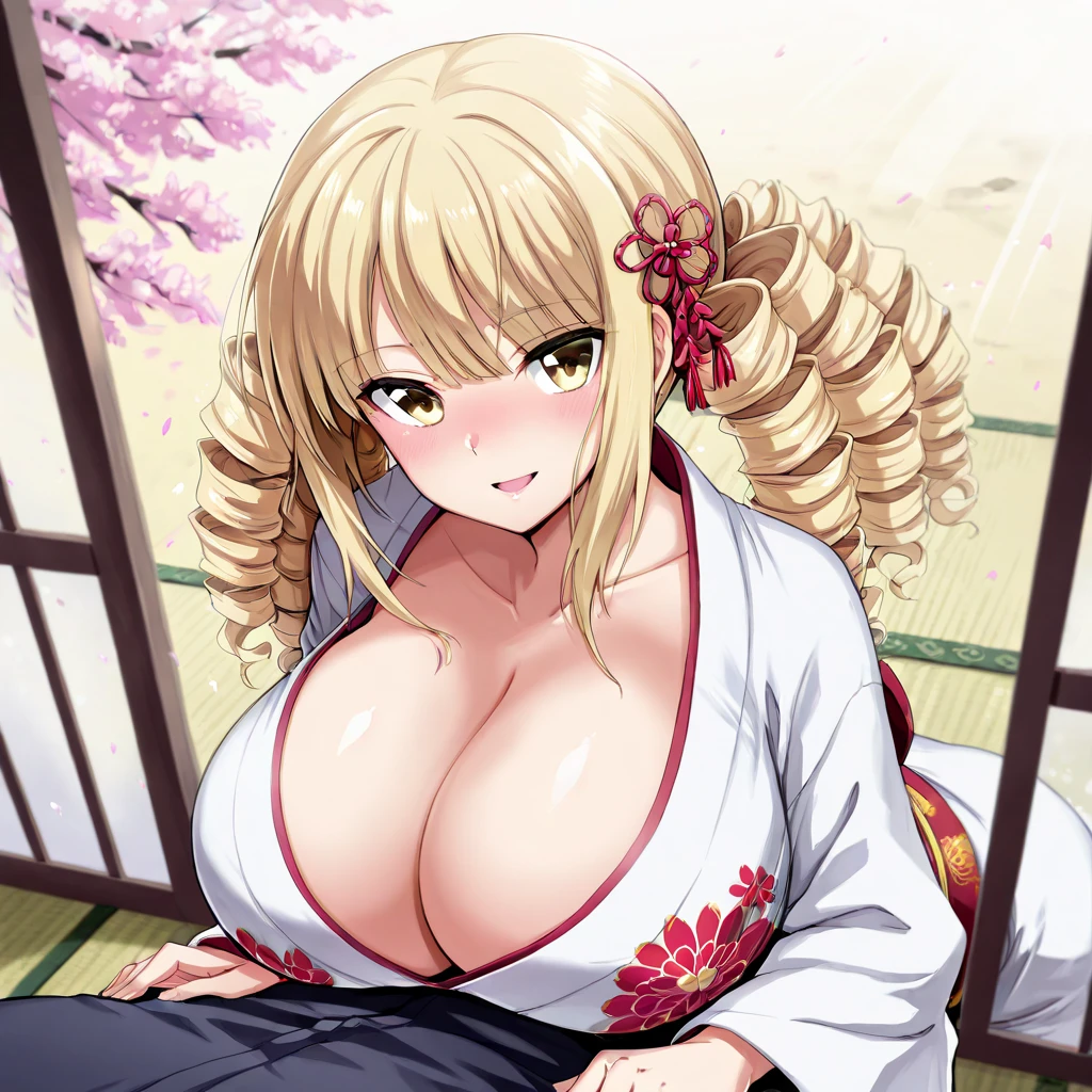 <lora:Tracy:0.8>,Tracy, 1girl, soro, gigantic_breasts, blonde hair, ponytail, cleavage, solo, long hair, smile, retro artstyle, cowboy_Shot, blush,
japanese white clothes, miko, red hakama, shrine, cherry blossom,
masterpiece, high quality, very_high_resolution, large_filesize, full color,