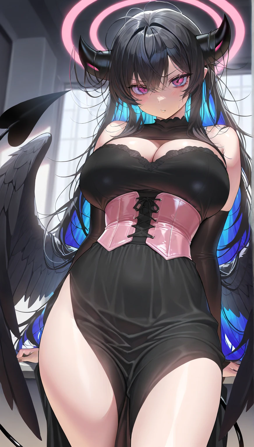(((forehead))), (masterpiece, best quality), intricate details, 8k, artstation, wallpaper, official art, splash art, sharp focus, 1girl,barefaced,((blue lingerie)), ((white wings)),black hair, blue eyes, smile, sexy, large breast, sexy, Sexy, big bust, beautiful body,
