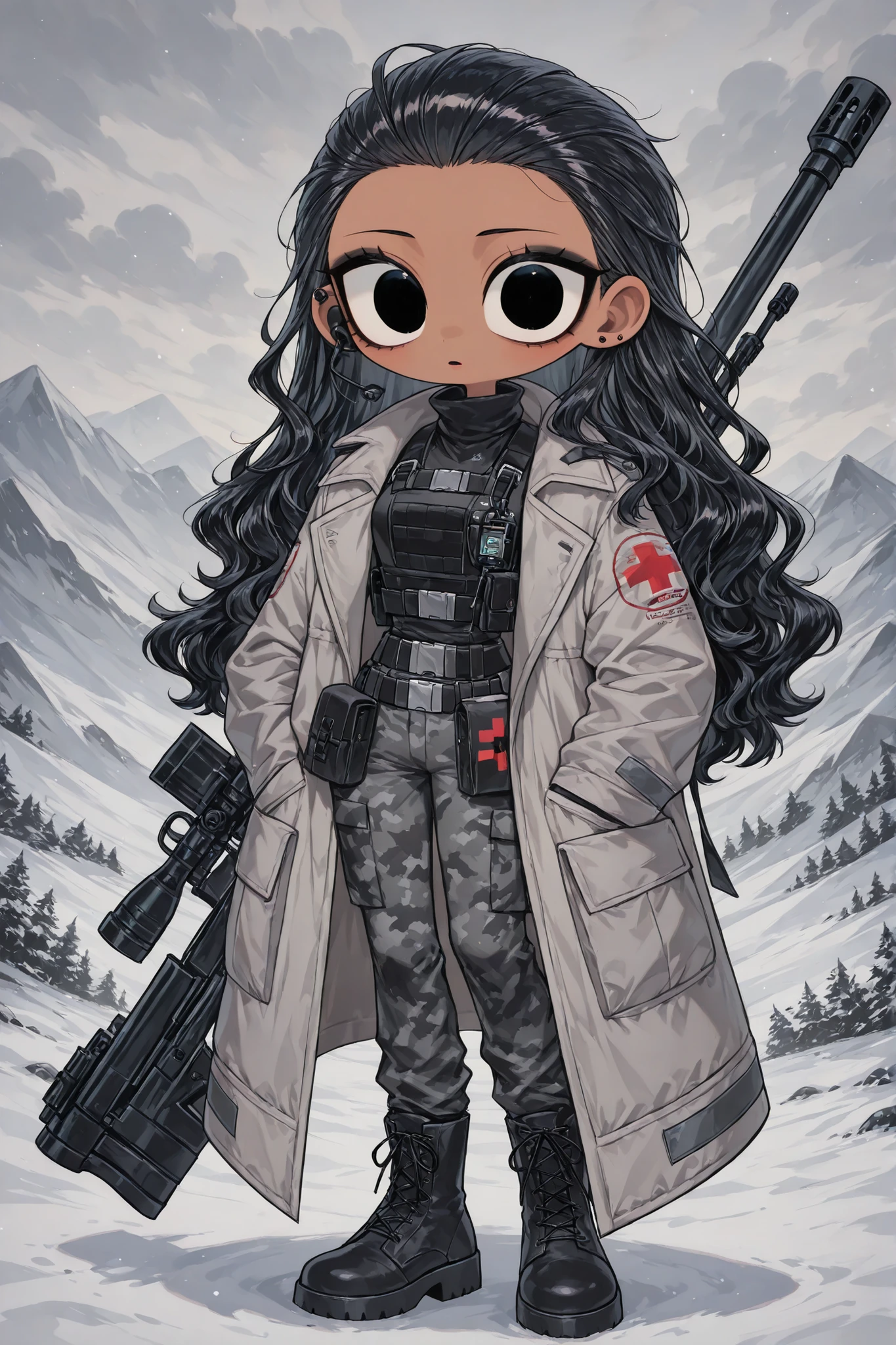 (edanoma_meu_illu,) The woman is a Military paramedic. She has slim build, small breasts, narrow hips. She has dark tanned skin. She has jet-black short wavy hair slicked back. She has black eyes. She has red lipstick and black eyeshadow. She is wearing a winter military uniform with an ash-white camouflage print:a oversize coat and  warm pants with pockets. She is wearing a black bulletproof vest, a belt with a pouch, and a hip-belt with an additional purse. She wears military black ankle boots with white lacing. She has a military medic's emergency medical kit on her back. On her shoulders she has a red patch in the form of a medical cross. she has walky talky on her chest and earphone on one of her ears. She has a service pistol on her belt and a Sniper Rifle on her back. (On the background:slightly snowy tundra landscape,with cloudy light snowfall.)