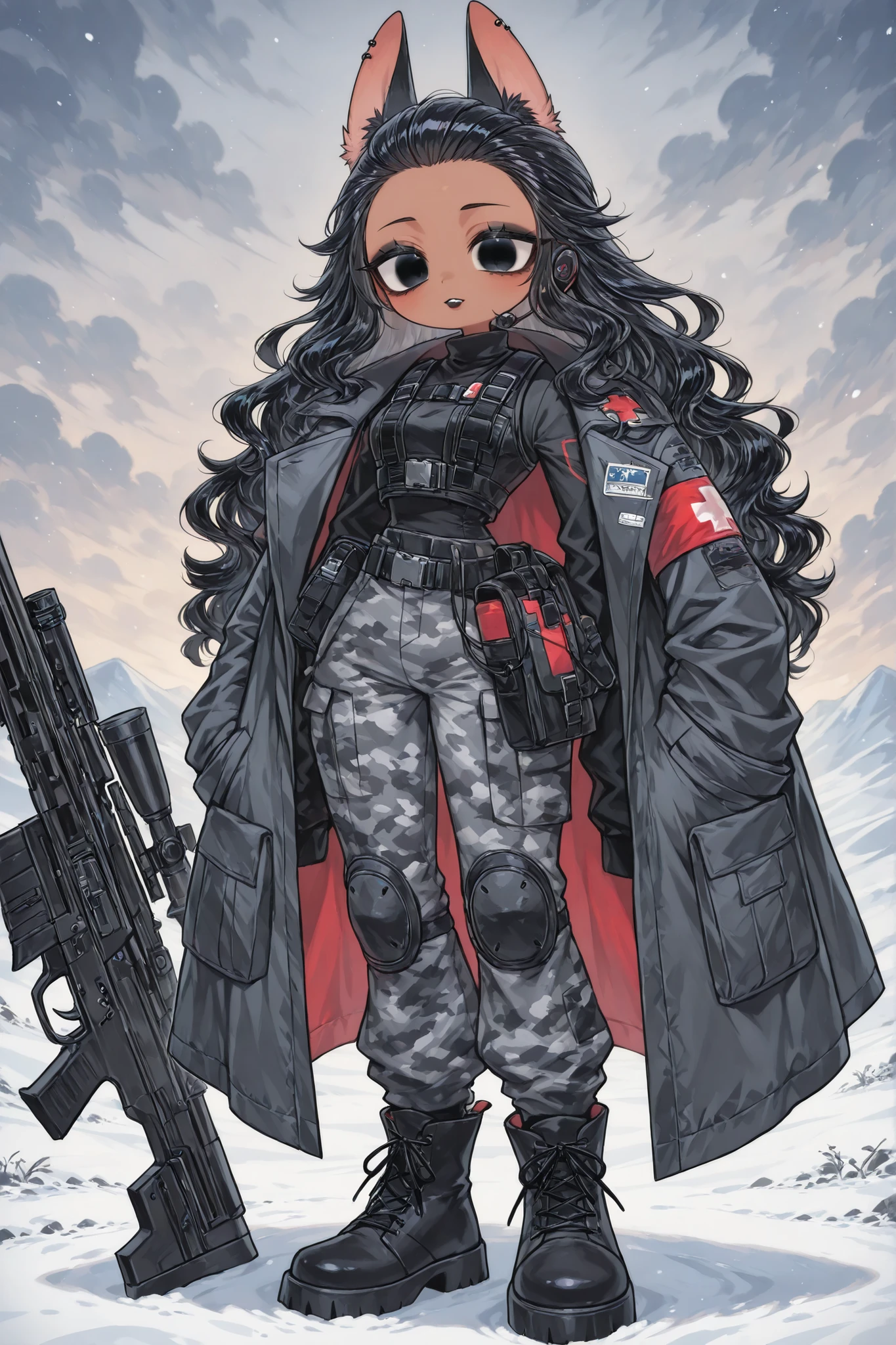 (edanoma_meu_illu,) The woman is a Military paramedic. She has slim build, small breasts, narrow hips. She has dark tanned skin. She has jet-black short wavy hair slicked back. She has black eyes. She has red lipstick and black eyeshadow. She is wearing a winter military uniform with an ash-white camouflage print:a oversize coat and warm pants with pockets. She is wearing a black bulletproof vest, a belt with a pouch, and a hip-belt with an additional purse. She wears military black ankle boots with white lacing. She has a military medic's emergency medical kit on her back. On her shoulders she has a red patch in the form of a medical cross. she has walky talky on her chest and earphone on one of her ears. She has a service pistol on her belt and a Sniper Rifle on her back. (On the background:slightly snowy tundra landscape,with cloudy light snowfall.)