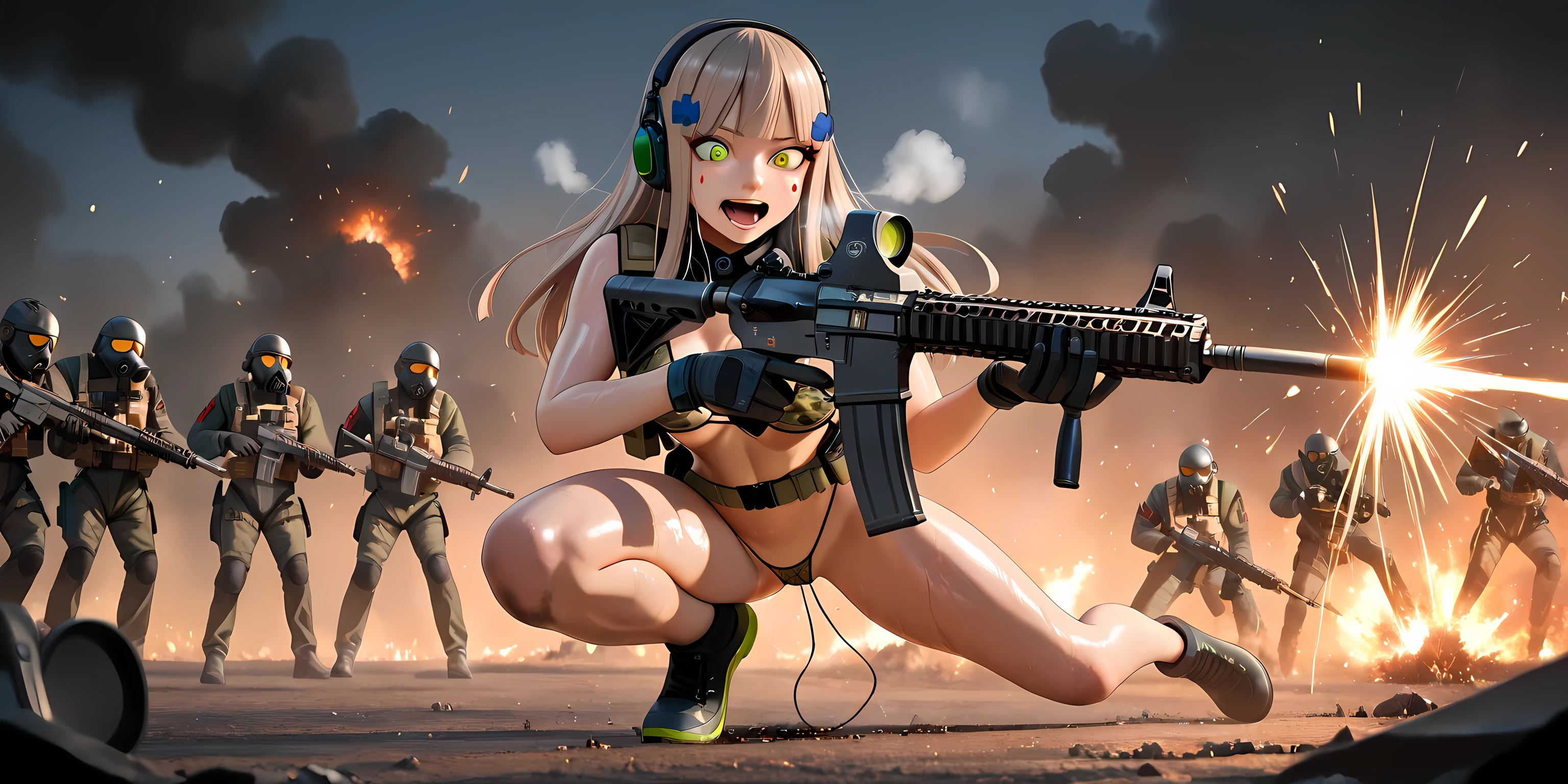 sweat, shiny, shiny skin, oily, oily skin, 3DMM, 3D, create a digital 3d image, 3d modeled, blender, military gas mask with large air filters, details, anime style, full color, saturated colors, HD, 4k, 8K, high contrast, large, of a 13 year old girl with small almost flat but still semi round firm breasts on a very petite body with lots of pubic hair with a round bubble butt, the girl is 1.35 meters tall, light brown hair, violet eye irises with a gradient to turquoise blue, half crouching half lying down with her legs spread looking slightly sideways at the viewer while wearing a pair of light brown military work gloves with green accents, white armored vest that allows her pink erect nipples to poke out the sides and a light yellow ammunition vest as well as a military grade gas mask and a sheer lace thong micro t-string slipped to the side showing her pink vagina with 4 vibrators in and out clothes, and has a modified hk416 assault rifle with a silencer and a x3 sight firing bursts in a densely populated park with many people, looking down, front view, realistic weapon, lights, smoke, explosions, fired gun bullets, grenades, aiming, happy, (masterpiece), (Maximum quality), (high resolution), (highly detailed), beautiful eyes, large irises of the eyes, dilated pupils, long eyelashes, beautiful hair, beautiful skin, strict, full body, resting (((Aiming a modified hk416 assault rifle with a silencer and a x3 sight firing bursts))), ((lying down), ((modified hk416 assault rifle with a silencer and a x3 sight firing bursts)), body armor, tactical large headphones, (dense park background), 8K, leggings, tight thick belt, load-bearing vest, bare legs, dynamic action pose, (girl), (small medium breasts), (amazing environment), Ultra HD rendering, shiny effect, full body, slightly open mouth, white breath, camouflage micro bikini micro t-string, dirty wet ground