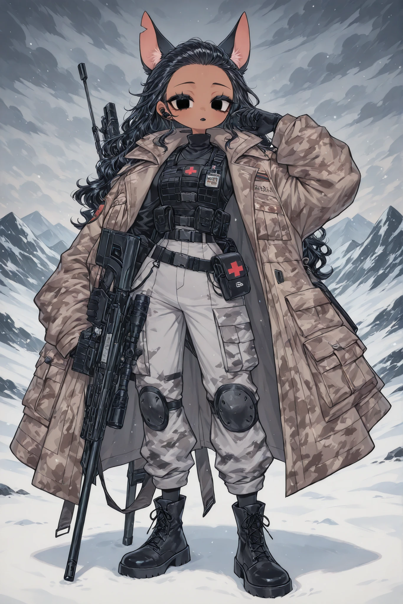 (edanoma_meu_illu,) The woman is a Military paramedic. She has slim build, small breasts, narrow hips. She has dark tanned skin. She has jet-black short wavy hair slicked back. She has black eyes. She has red lipstick and black eyeshadow. She is wearing a winter military uniform with an ash-white camouflage print:a oversize coat and  warm pants with pockets. She is wearing a black bulletproof vest, a belt with a pouch, and a hip-belt with an additional purse. She wears military black ankle boots with white lacing. She has a military medic's emergency medical kit on her back. On her shoulders she has a red patch in the form of a medical cross. she has walky talky on her chest and earphone on one of her ears. She has a service pistol on her belt and a Sniper Rifle on her back. (On the background:slightly snowy tundra landscape,with cloudy light snowfall.)