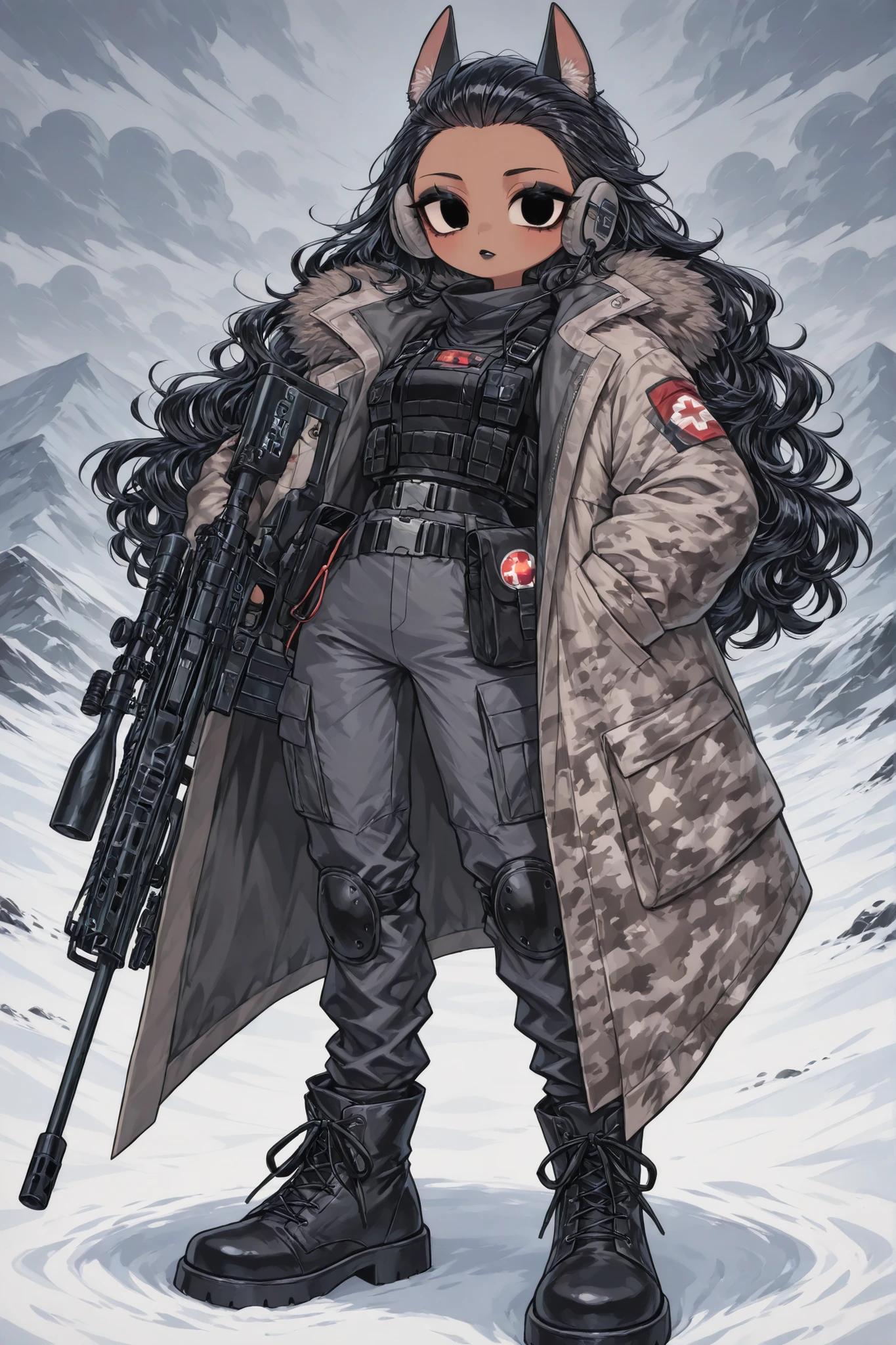 (edanoma_meu_illu,) The woman is a Military paramedic. She has slim build, small breasts, narrow hips. She has dark tanned skin. She has jet-black short wavy hair slicked back. She has black eyes. She has red lipstick and black eyeshadow. She is wearing a winter military uniform with an ash-white camouflage print:a oversize coat and warm pants with pockets. She is wearing a black bulletproof vest, a belt with a pouch, and a hip-belt with an additional purse. She wears military black ankle boots with white lacing. She has a military medic's emergency medical kit on her back. On her shoulders she has a red patch in the form of a medical cross. she has walky talky on her chest and earphone on one of her ears. She has a service pistol on her belt and a Sniper Rifle on her back. (On the background:slightly snowy tundra landscape,with cloudy light snowfall.)