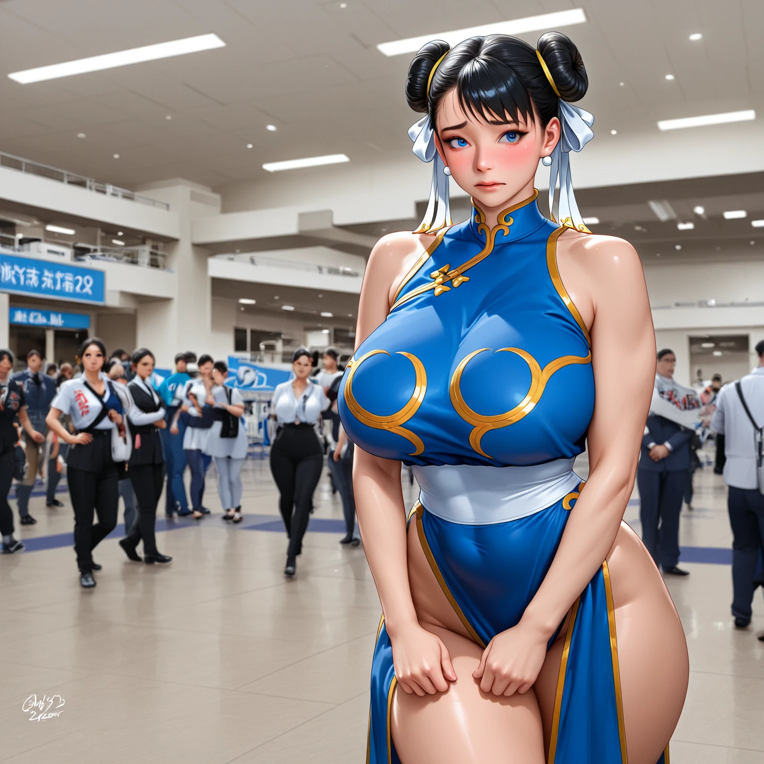Chunli, street fighter, American face, Chinese blue dress, huge tits, thick legs, strong legs, boots, standing, solo, 