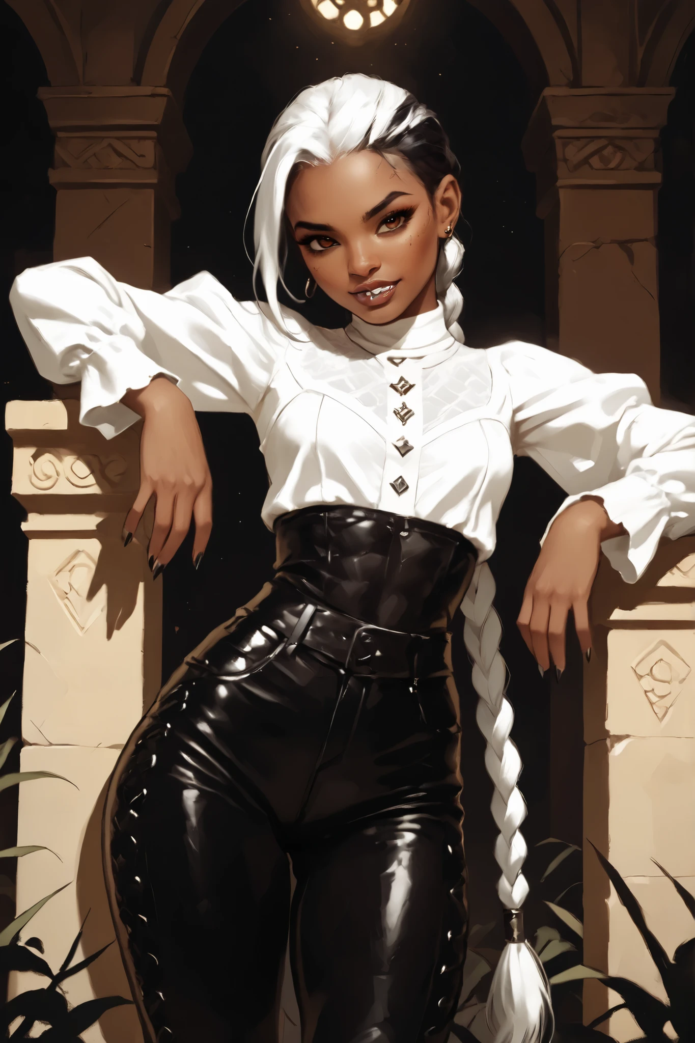 Drawn like the artist Bob Kehl. Asian facial features. Phaedra from Fortnite with silver-grey and dark hair, darker olive skin, slanted eyes, dark skin, with sharp teeth, athletic body and abs. Slender and athletic. Cute, round and young face. Small and cute nose. White highlights in her hair. She wears Aztec black snake-leather pants with snakeskin-texture and lacing. The leather isn't shiny. Muted shine. She also wears an amber necklace. She has small breasts. She looks like Wednesday Adams. Looking at the viewer. Semi-realistic.