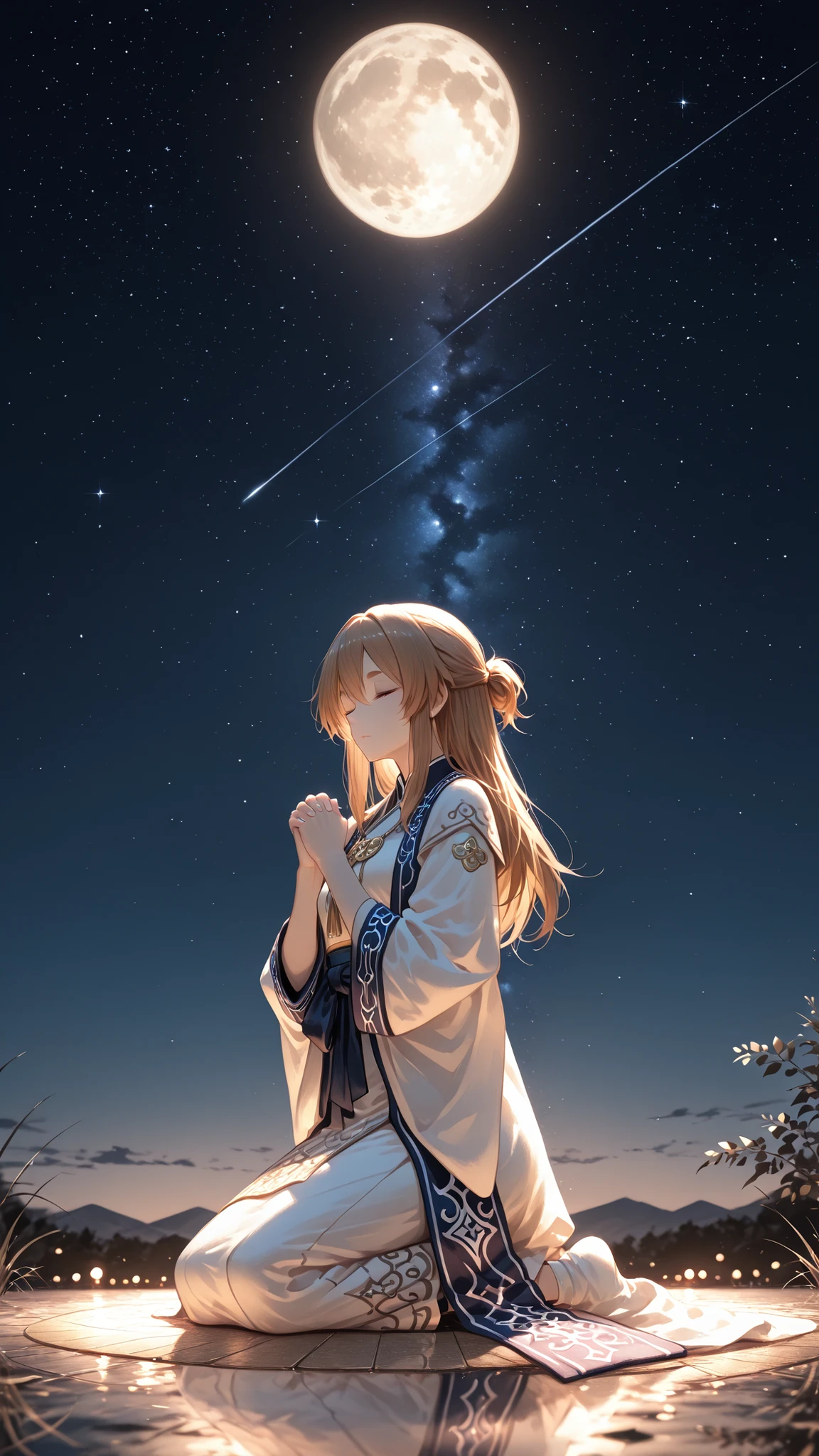 SFW, masterpiece, highest quality, Ultra High Quality, 40k, Beautiful and delicate girl, ((solo)), one girl, ((blown hair)), long hair, blown eyes, thick eyebrows, small breasts, (detailed face), Ainu inspired outfit with intricate blown and gold detailing, Eagle wing-like pattern outfit, BREAK. praying pose, hands together, clasped hands in front of chest, closed eyes, solemn, peaceful atmosphere, hopeful expression, (kneeling), ((side view)), sharp focus, shallow depth of field, refreshing atmosphere background, beautiful natural lighting, gentle breeze, mist, moon, ((mid night atmosphere)), Many stars, late at night, 23:00, perspective, (detailed lighting), ((dark lighting)), rim lighting, ((sharp focus)), BREAK. bon fire, camp background, clear sky. creating a dramatic yet serene atmosphere.