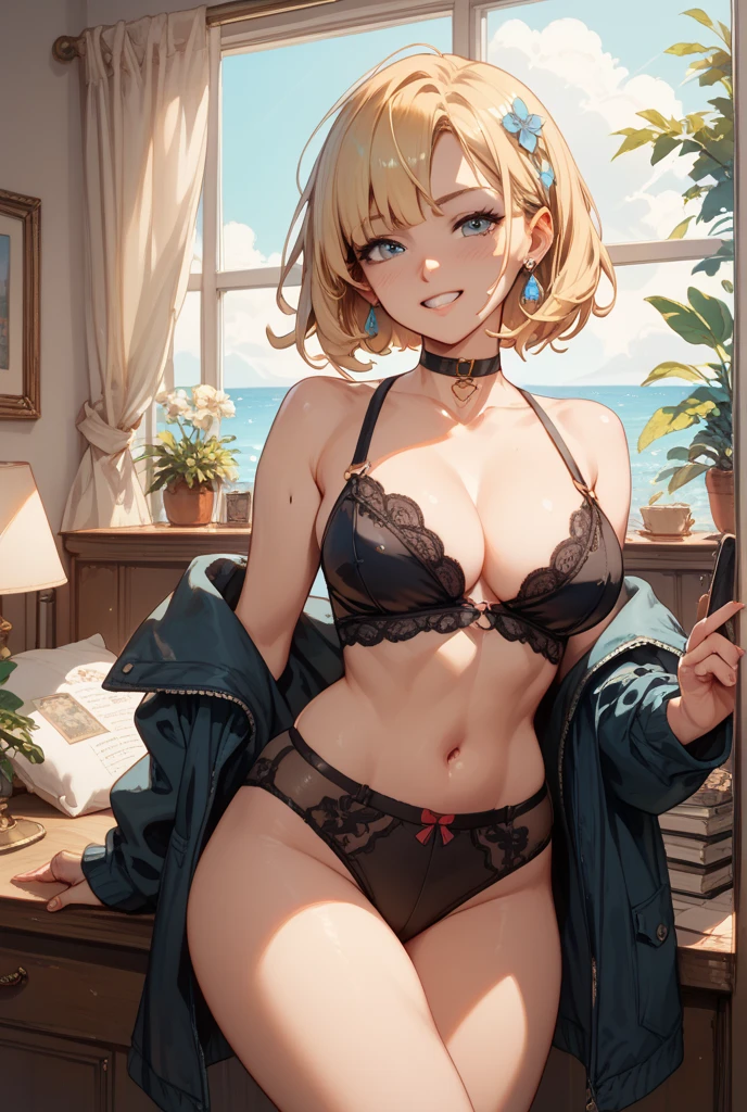 <lora:hews:0.7>, breasts, 1girl, sweat, underwear, bra, navel, panties, open_mouth, hair_ribbon, thighhighs, short_hair, ribbon, sitting, cleavage, red_ribbon, mole_on_thigh, smile, looking_at_viewer, black_bra, large_breasts, collarbone, bangs, blonde_hair, black_panties, masterpiece, best quality,