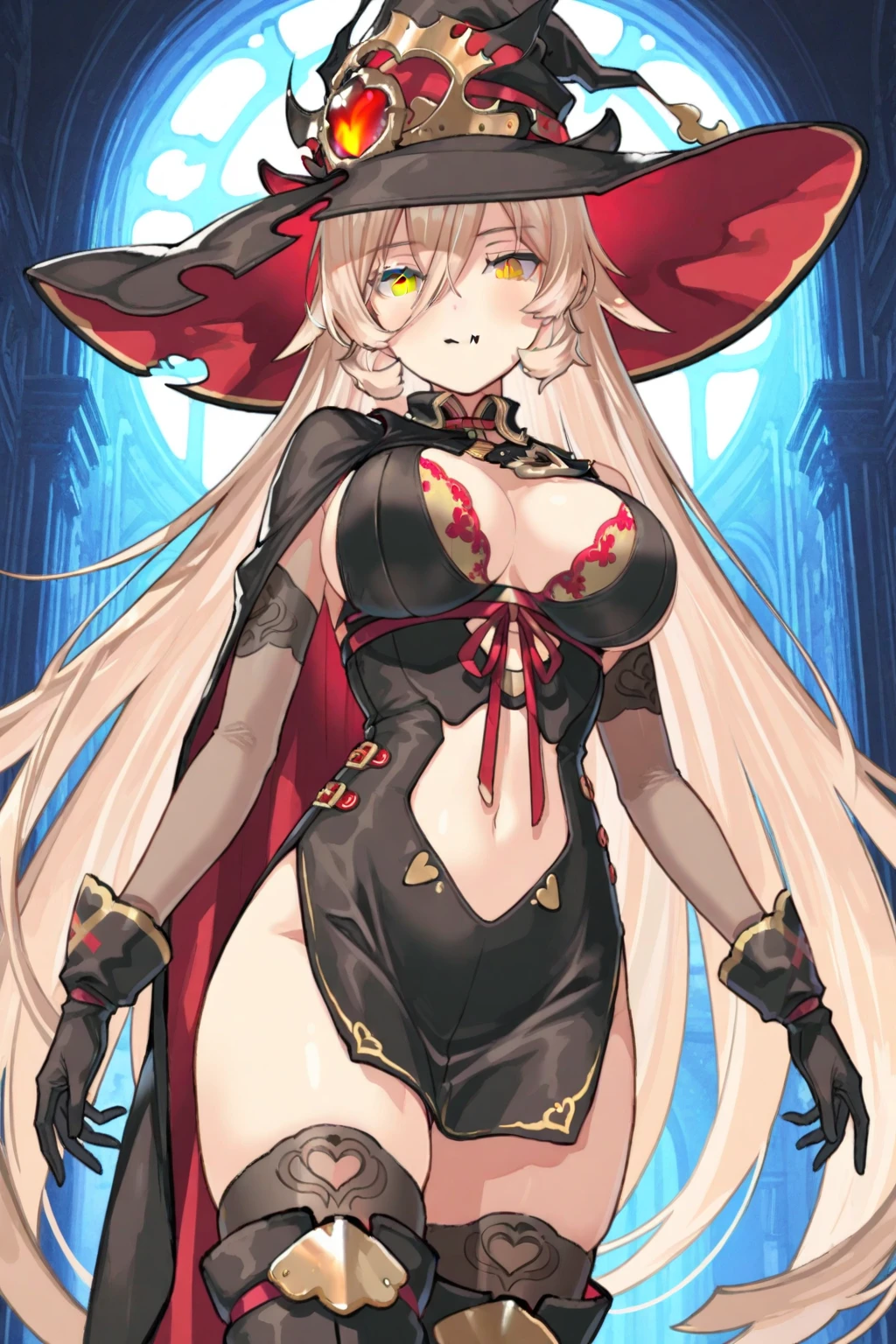 high resolution, masterpiece, high quality, perfect face, <lora:DarkFina:.8> Dark Fina, red top, detached red sleeves, black skirt, black veil, white flower headpiece, large breasts, seductive smirk, red lipstick, ((extremely glossy))
