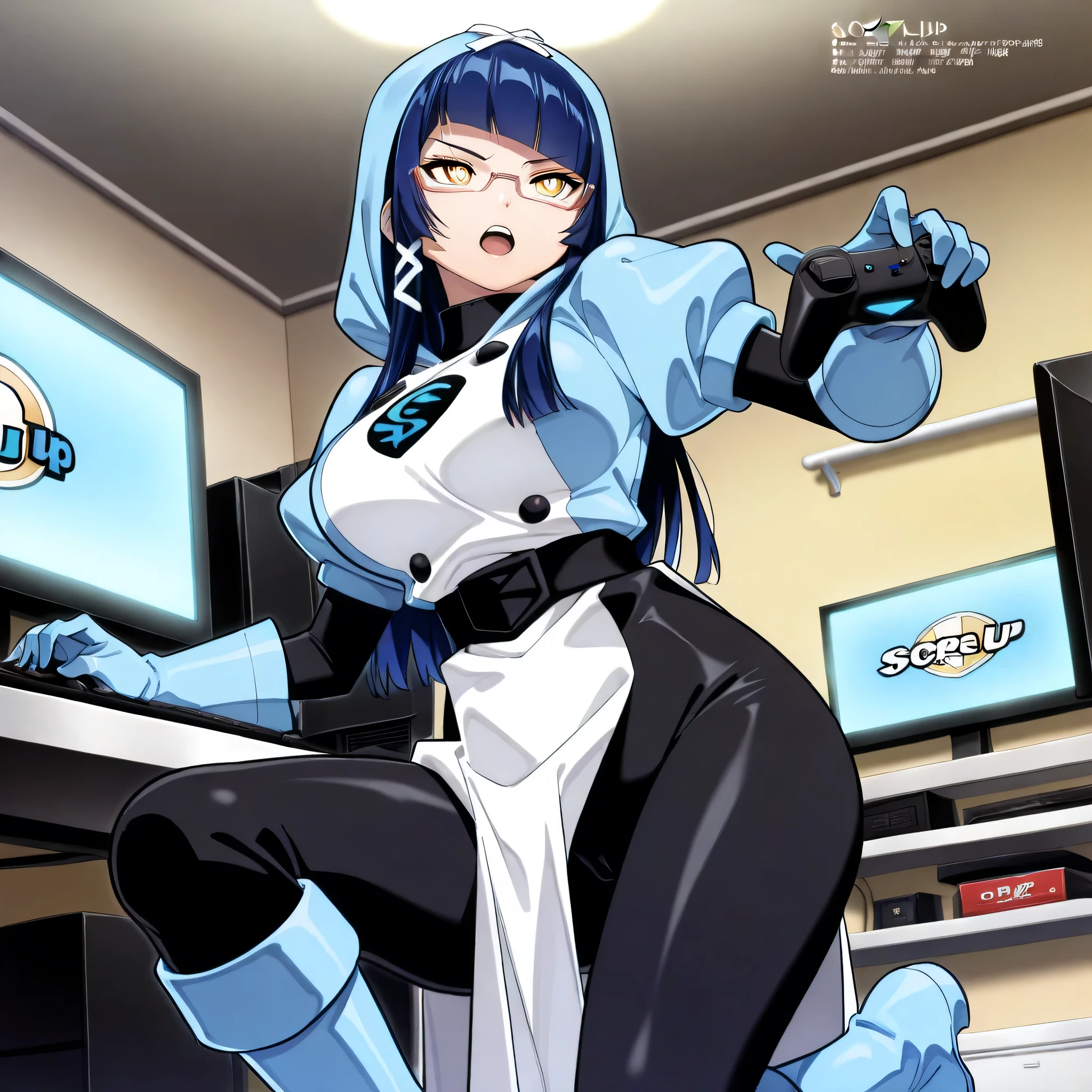 (((Masterpiece))), (((Best Quality))), ((Super Detail)), ultra-High resolution, score_9,score_8_up,score_7_up,score_6_up,score_5_up,score_4_up, BREAK, source_anime, anime screencap, uncensored, Masterpiece, (absurdres), (detailed background), (very aesthetic), detailed beautiful eyes, outstanding, an exquisite animation illustration, curvy, highres, dark persona, hood, hood up, bodysuit under clothes, black bodysuit, light blue surcoat, light blue shirt, short sleeves, black sash, light blue gloves, light blue boots, (((solo, 1girl))), hair ornament, seductive pose, submissive pose, anime style, anime coloring, animification, megami magazine, sexy pose, large breasts, maia azuma, long straight blue hair, dark blue hair, angled straight bangs, long hair, white ribbon in hair, glasses, narrow yellow eyes, yellow eyes, white pupils, wide hips, holding controller, playing game, serious, looking at object, open mouth, ndoor, room, computer, console game, monitor, 