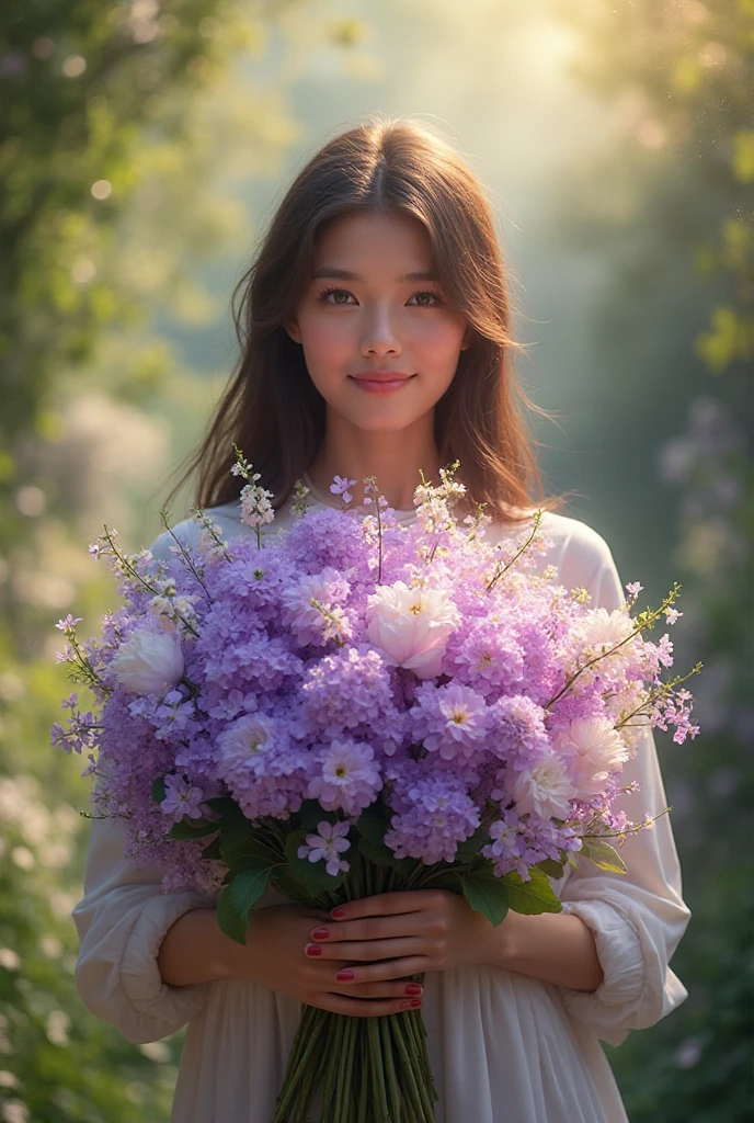 I am in a beautiful place with a large bouquet of purple and white flowers in my hands.