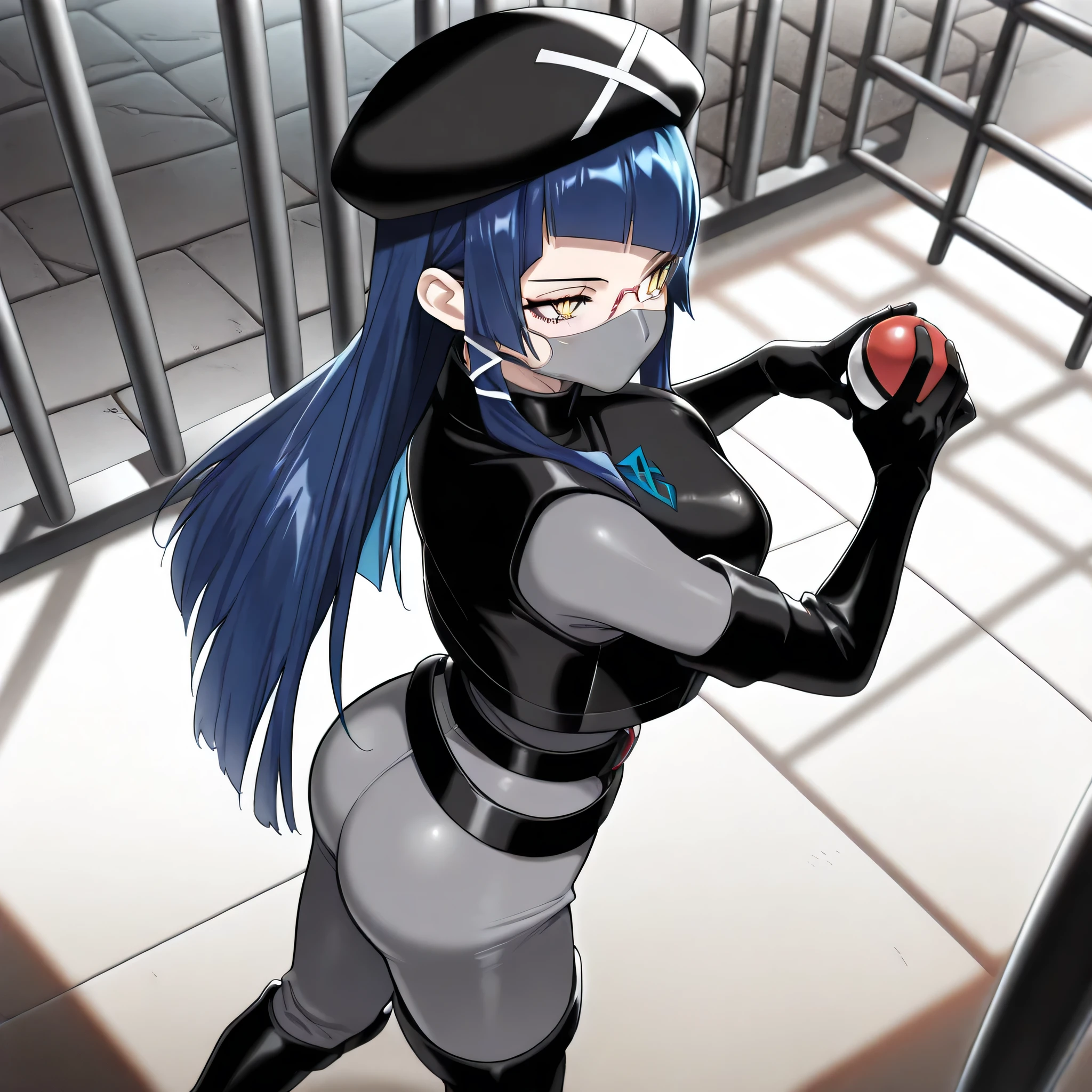 (((Masterpiece))), (((Best Quality))), ((Super Detail)), ultra-High resolution, score_9,score_8_up,score_7_up,score_6_up,score_5_up,score_4_up, BREAK, source_anime, anime screencap, uncensored, Masterpiece, (absurdres), (detailed background), (very aesthetic), detailed beautiful eyes, outstanding, an exquisite animation illustration, curvy, highres, dark persona, black beret, (((mouth mask))), grey bodysuit, black vest, black gloves, elbow gloves, black belt, black boots, knee boots, (((solo, 1girl))), hair ornament, seductive pose, submissive pose, anime style, anime coloring, animification, megami magazine, sexy pose, large breasts, maia azuma, long straight blue hair, blue hair, angled straight bangs, long hair, white ribbon in hair, glasses, narrow yellow eyes, yellow eyes, white pupils, wide hips, holding pokeball, pokeball, walking, looking from side, from side, view from side, from above, view from above, looking from above, looking away, prison, cell, pokemon,