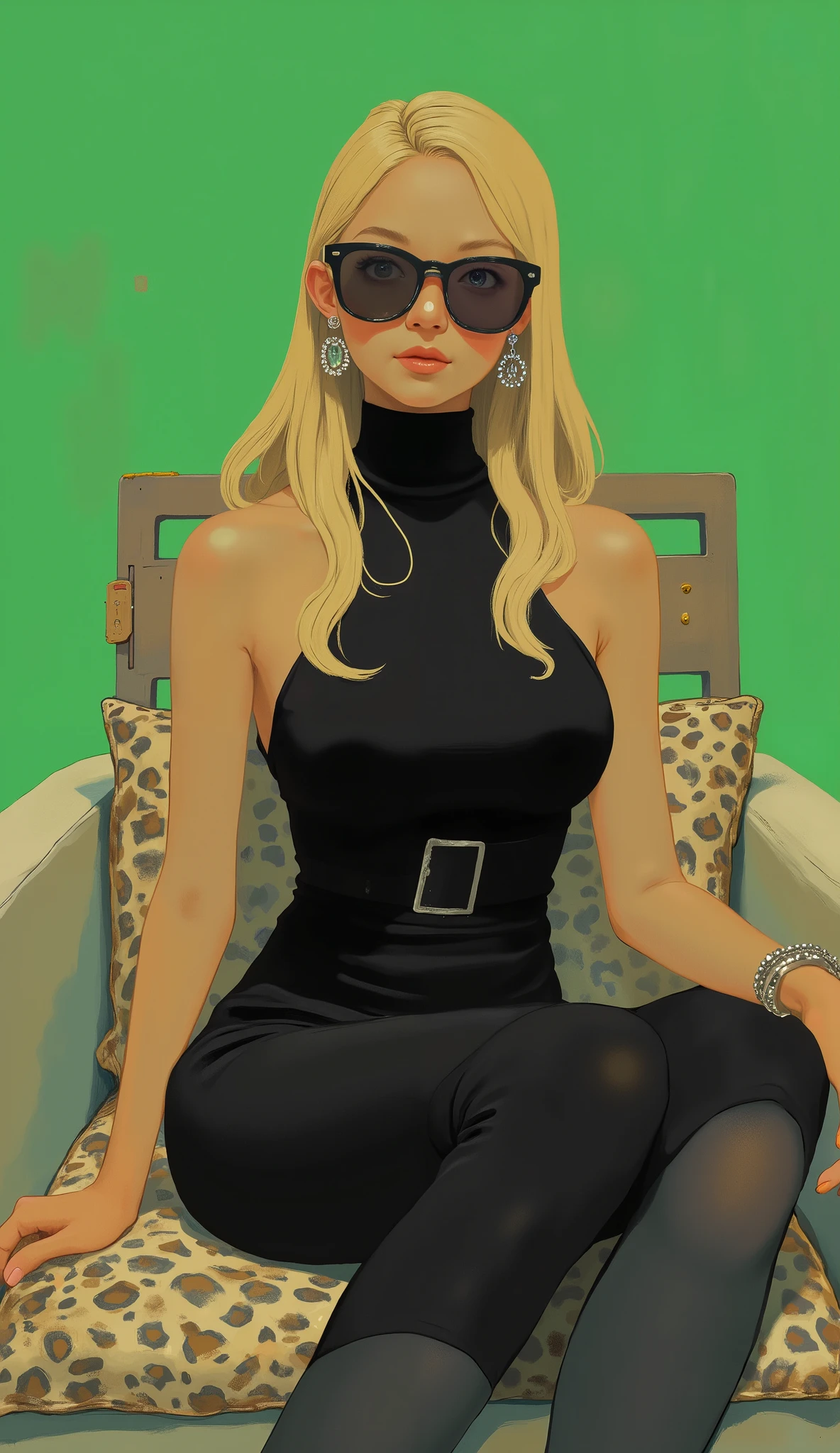 A glamorous Japanese woman sits in a stylish chair adorned with leopard-print cushions. 彼女teethエレガントな体型を際立たせる体にフィットする黒いドレスを着ています, and her long , and the humorous caption。. I had my blond hair hanging down my shoulders、lifting a celebrity aura with a big, sparkling earrings that stick to your head, This scene captures a moment of interaction. インタビューに臨む彼女の表情teeth自信に満ちていて落ち着いている, このシーンteeth交流の瞬間を捉えています. 構図teeth鮮やかな緑色の背景に設定されており、I Realize I'm a Celebrity Announced on Twitter. Under the image, microphone cascading down her shoulder, "when I died、私teeth有名人だと気づきましたTwitterで発表されました," It adds a vibrant contrast to her outfit. 彼女teethオーバーサイズのサングラスと大きな, in the spotlight, teeth、Seemingly unfazed、Her expression at the interview is confident and calm.