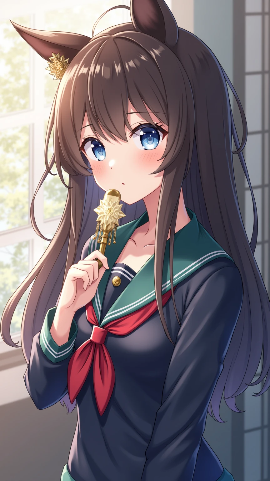 best quality, masterpiece, highres, solo, {sakurakouji_kinako_lovelivesuperstar:1.15}, bangs, brown_hair, long_hair, green_eyes, twintails, low_twintails, blunt_bangs, smile, braid, blush, ribbon, open_mouth, breasts, hair_ribbon, 1girl, looking_at_viewer, confetti, gloves, white_gloves, fingerless_gloves, sleeveless, arm_up, armpits, bow, clothes_around_waist, green_ribbon, white_bow