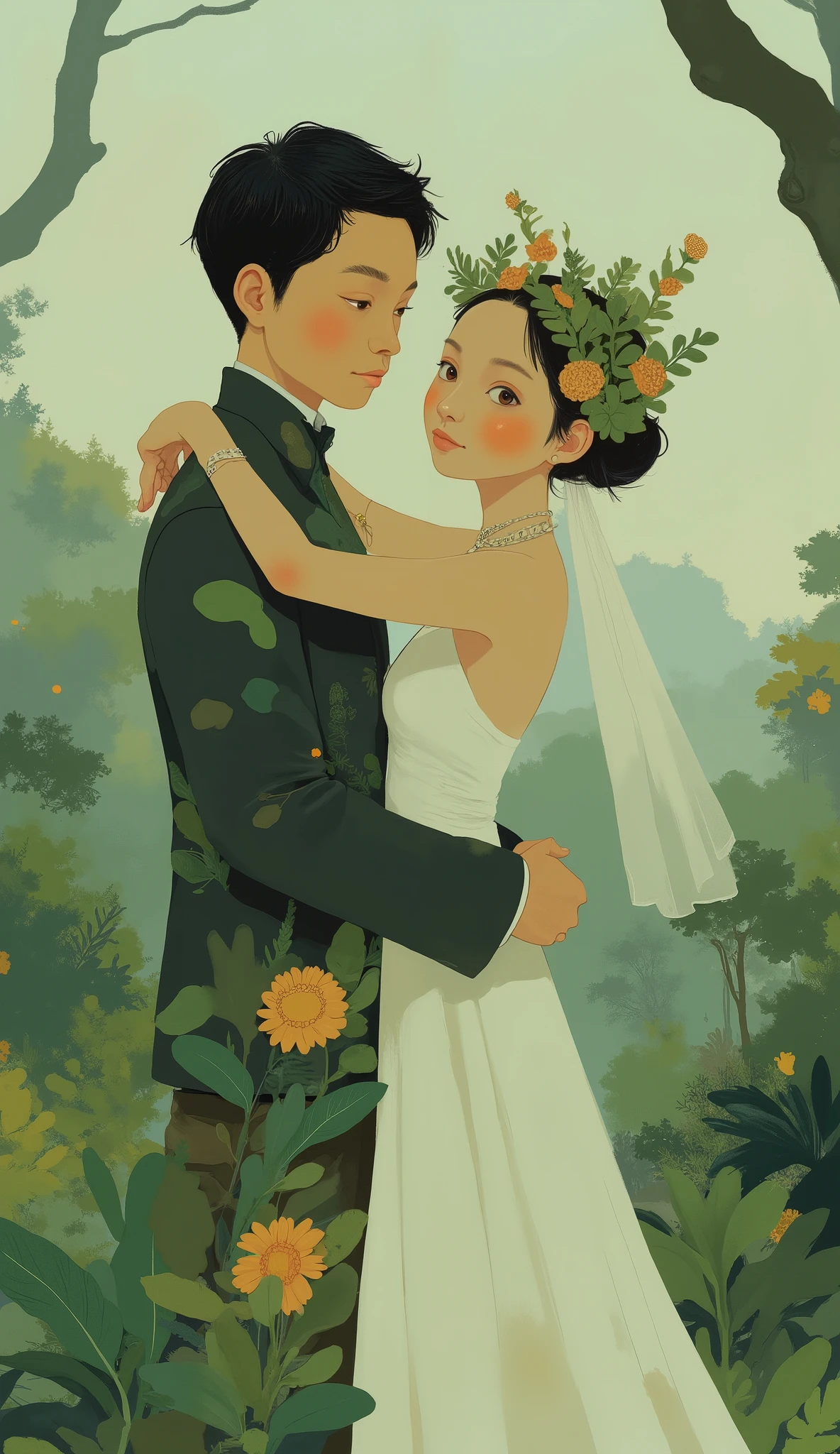 Jungle bride and groom, fairy-tale illustration style, are drawn in a whimsical style, dreamlike illustration, illustration style, cute illustration, blurry and dreamlike illustration, cartoon style illustration, Hug, Ah, happy couple , Hug each other, Beautifully Drawn, beautiful depiction style, Flat Illustration , アニメーションillustration style, beautiful illustration, By Ye Shin, Carefully illustrated