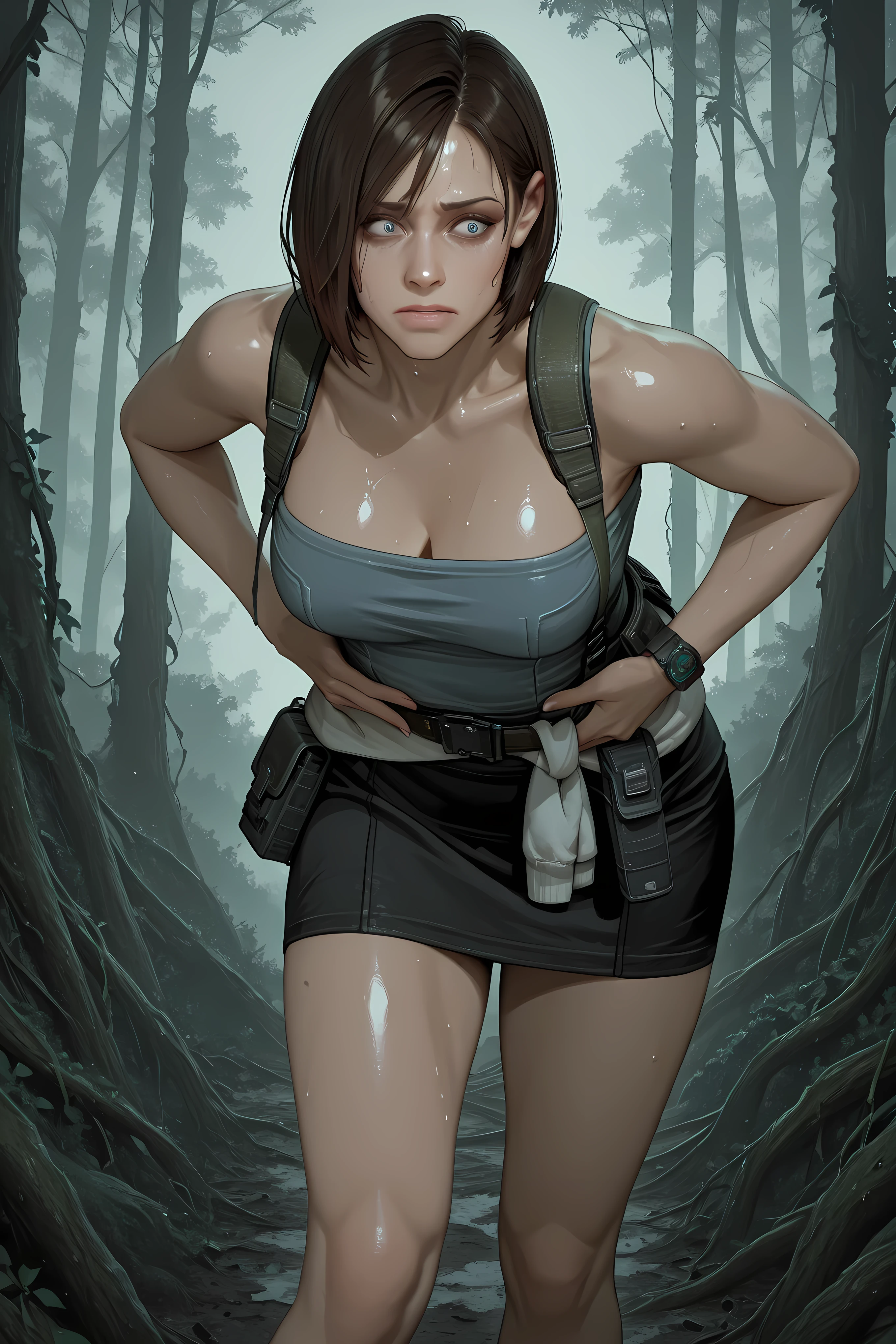 JVRE3, brown hair, bob cut, short hair, suspenders, belt pouch,   tube top, pencil skirt, clothes around waist, halfbody shot, 
Solo, general, masterpiece, highres, ultra-detailed, hyper-detailed, best quality,  amazing quality, very aesthetic, best hands, best eyes, best hand
adult woman, 1woman, hand on own stomach, sweat,  leaning forward, nervous, scared, trembling legs, open field, huge forest, abandoned budling background, overgrown vine, dark gray sky, 
