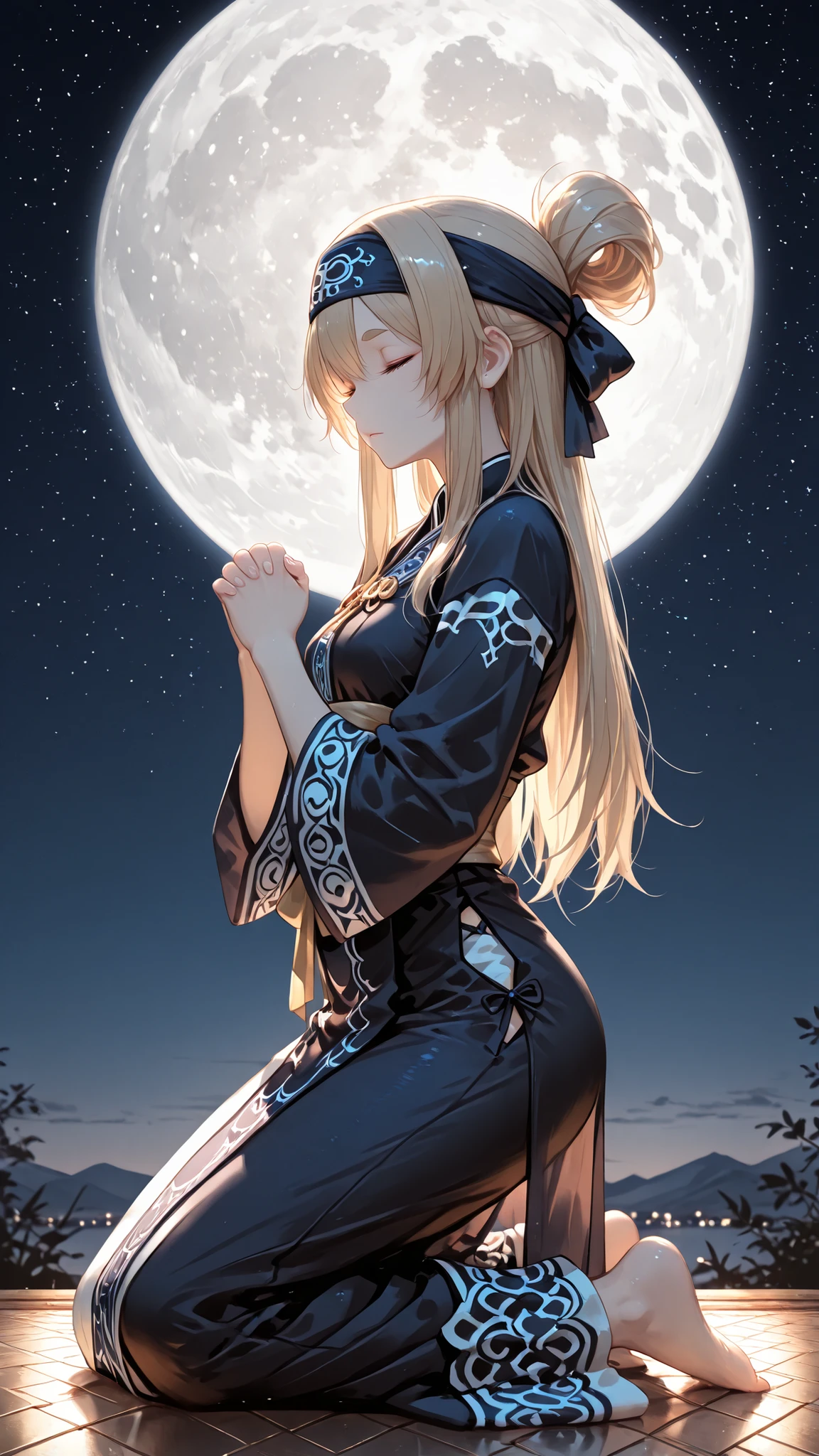 SFW, ((masterpiece, highest quality, Ultra High Quality, 40k,)) Beautiful and delicate girl, ((solo)), one girl, ((blown hair)), long hair, blown eyes, thick eyebrows, small breasts, (detailed face), Ainu inspired outfit with intricate blown and gold detailing, Eagle wing-like pattern outfit, BREAK. praying pose, hands together, clasped hands in front of chest, closed eyes, solemn, peaceful atmosphere, hopeful expression, (kneeling), ((side view)), sharp focus, shallow depth of field, refreshing atmosphere background, beautiful natural lighting, gentle breeze, mist, moon, ((mid night atmosphere)), Many stars, late at night, 23:00, perspective, (detailed lighting), ((dark lighting)), rim lighting, ((sharp focus)), BREAK. bon fire, camp background, clear sky. creating a dramatic yet serene atmosphere.