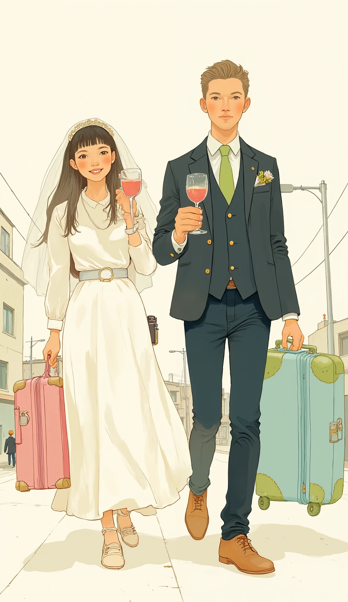 the stylish illustration、depicts a bride and groom walking briskly side by side, . bride, wears a flowing white gown with a chic veil, She holds a pink suitcase in her right hand、holds a camera in her left hand. Her groom, wears a sophisticated dark suit and a bright green tie, captures moments of excitement and spontaneity、hands her arms. on his other hand, He has a light blue suitcase adorned with green accents. The couple's outfit and accessories exude a modern vibe, carefree wedding celebration, she probably alludes to a destination or travel theme. The whimsical nature of this illustration, combines sketchy lines with pale watercolor hues, confidently holding up cocktail glasses.