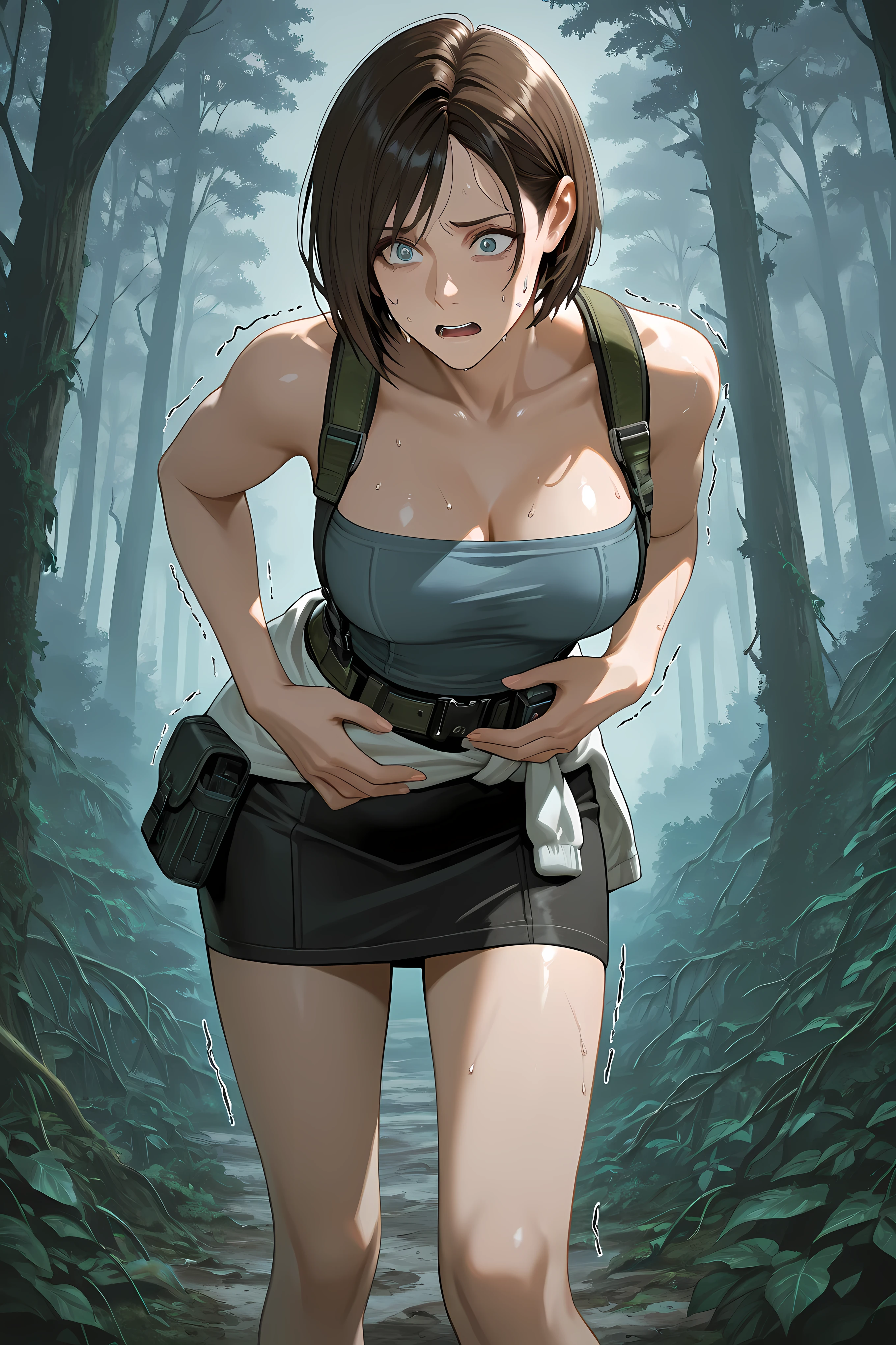 JVRE3, brown hair, bob cut, short hair, suspenders, belt pouch, tube top, pencil skirt, clothes around waist,,
Solo, general, masterpiece, highres, ultra-detailed, hyper-detailed, best quality, amazing quality, very aesthetic, best hands, best eyes, best hand
adult woman, 1woman, hand on own stomach, sweat, leaning forward, nervous, scared, trembling legs, open field, huge forest, abandoned budling background, overgrown vine, dark gray sky,