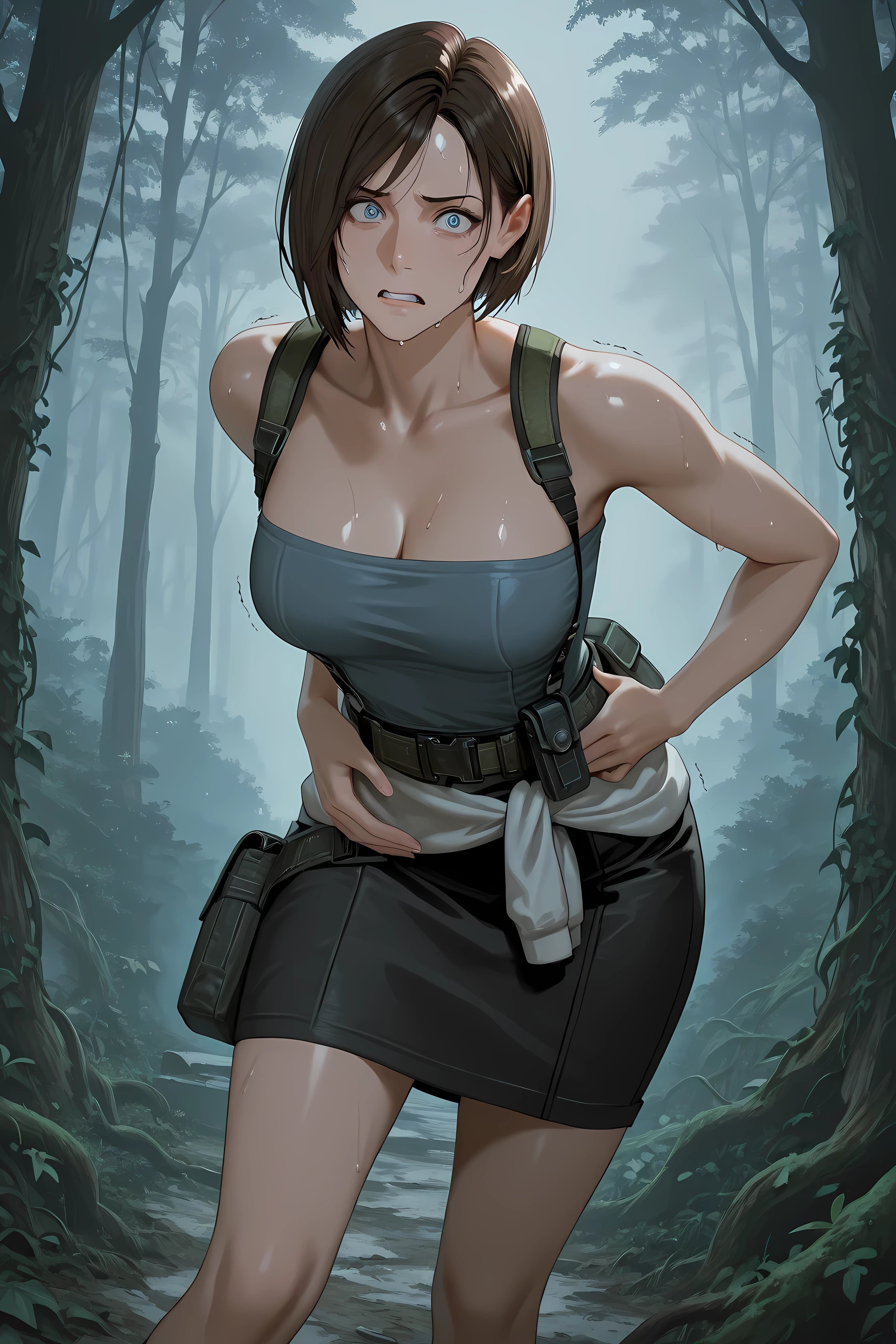 JVRE3, brown hair, bob cut, short hair, suspenders, belt pouch, tube top, pencil skirt, clothes around waist,,
Solo, general, masterpiece, highres, ultra-detailed, hyper-detailed, best quality, amazing quality, very aesthetic, best hands, best eyes, best hand
adult woman, 1woman, hand on own stomach, sweat, leaning forward, nervous, scared, trembling legs, open field, huge forest, abandoned budling background, overgrown vine, dark gray sky,