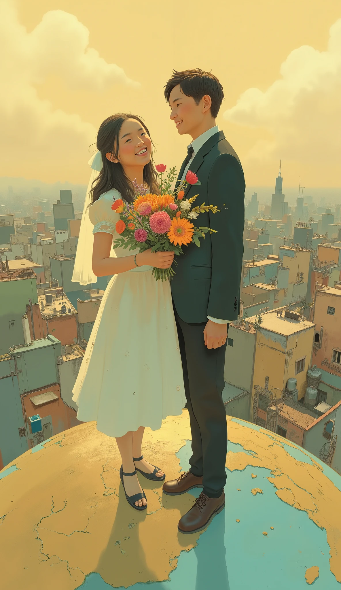 has an illustration of a couple standing on a globe, Picture holding 、happy!!!, happy, wedding with bouquet, happy couple, OFFICIAL ARTwork, Detailed BD cover , OFFICIAL ART, happy feeling, Advertisement Art, beautiful and expressive painting, very very happy!, Art Cover, amazing