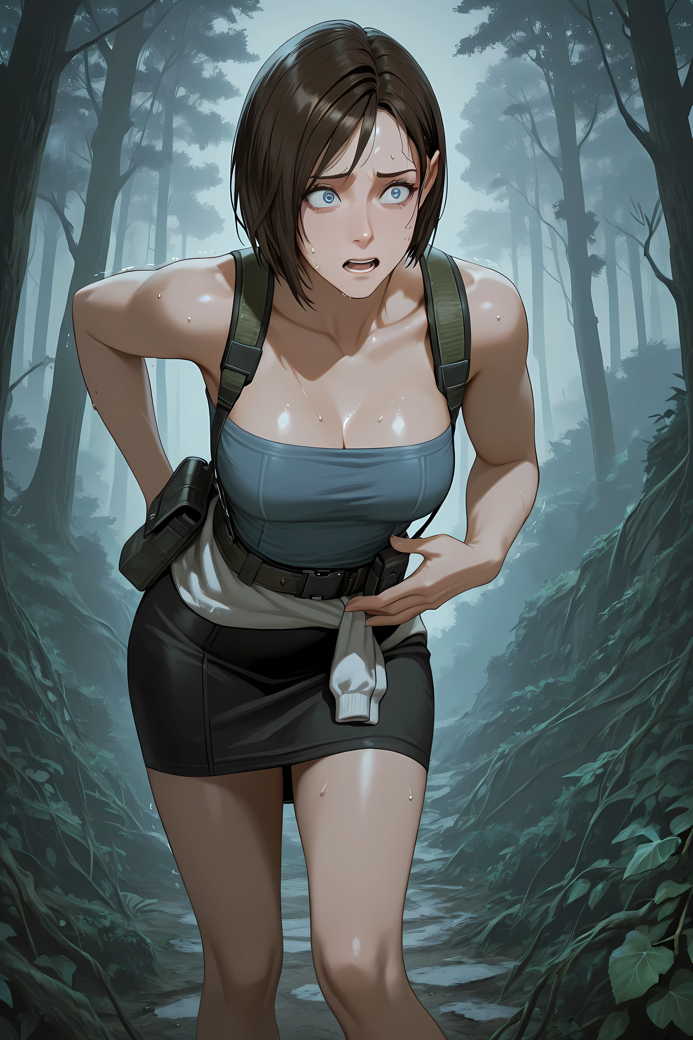 JVRE3, brown hair, bob cut, short hair, suspenders, belt pouch, tube top, pencil skirt, clothes around waist,,
Solo, general, masterpiece, highres, ultra-detailed, hyper-detailed, best quality, amazing quality, very aesthetic, best hands, best eyes, best hand
adult woman, 1woman, hand on own stomach, sweat, leaning forward, nervous, scared, trembling legs, open field, huge forest, abandoned budling background, overgrown vine, dark gray sky,